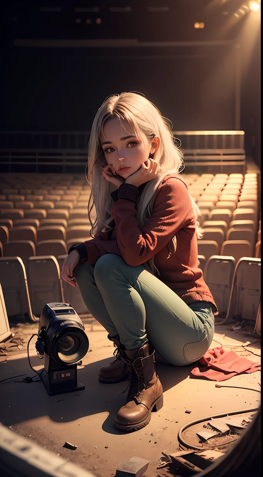 Mulher parda com um crooped vermelho, long pants, botas, cabelos curtos vermelhos, sitting on the floor with her face between her knees on an abandoned theatre stage, com uma luz vindo do teto iluminando ela, realista, corpo inteiro, com um microfone ao lado dela
