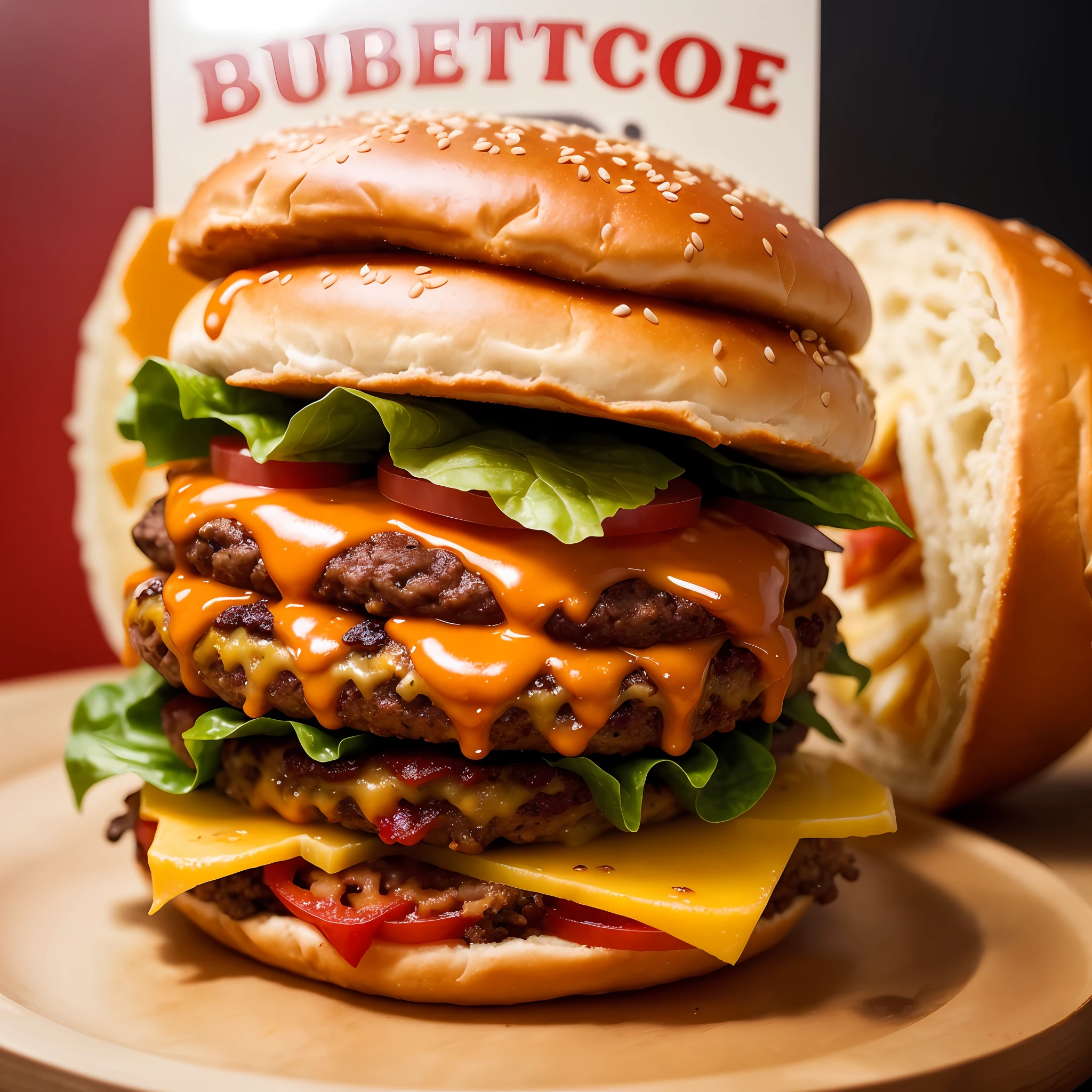 There's a cheeseburger with lettuce and tomato on a plate, big juicy burger, burger, burger on a plate, burger with a mouth, cheeseburguer, burger with human mouth, imagem de comida super realista, obra-prima obra de arte, foto de retrato em close-up, ❤🔥🍄🌪, fofo, Fotografia de comida de alta qualidade, imagem muito coerente