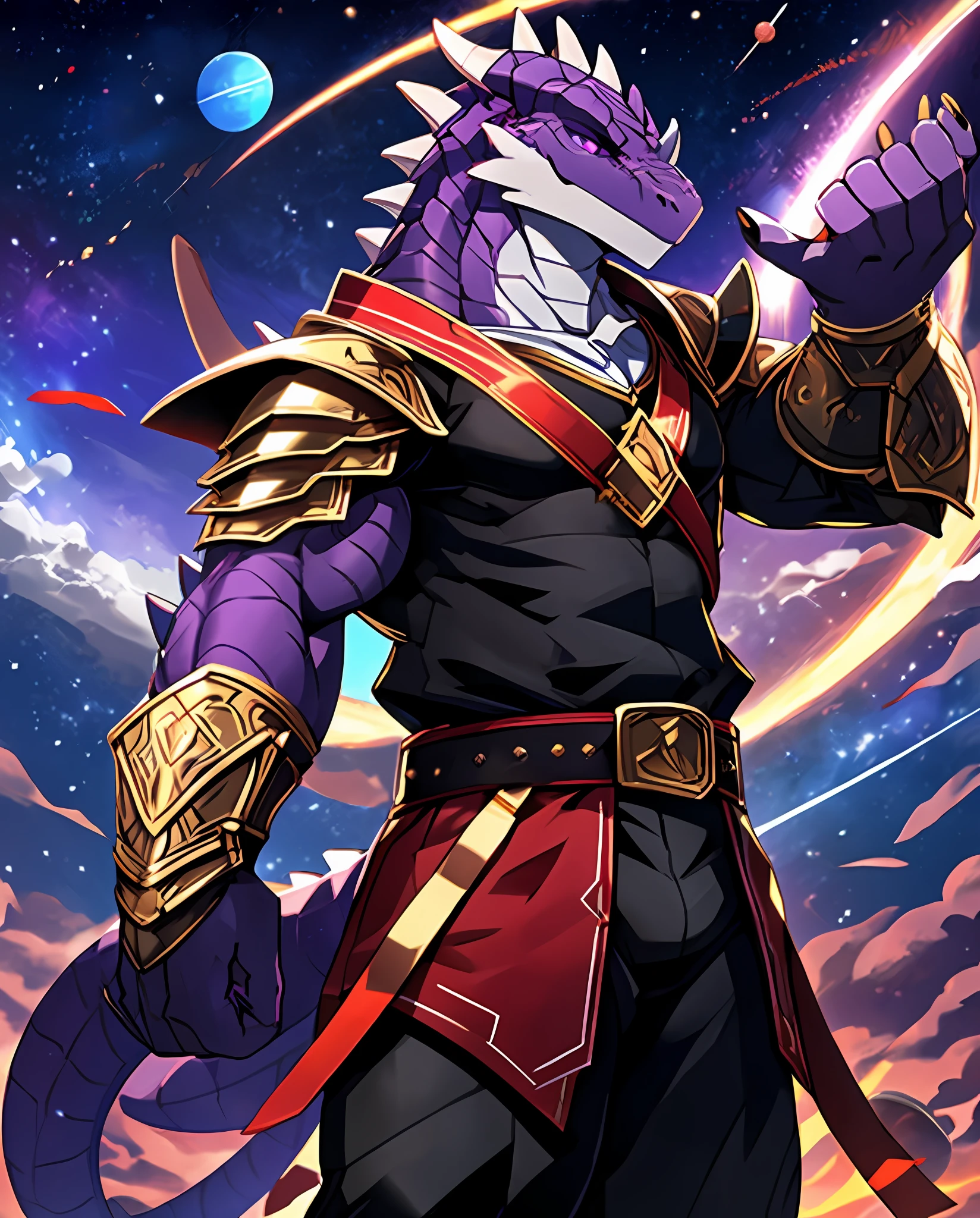 Anthropomorphic Lizard, purple scales, black ninja-like armor, red and white belt, red backpack, pale gold club, a black screen with a gold satellite dish for a head, purple scaled tail, masterpiece, best quality