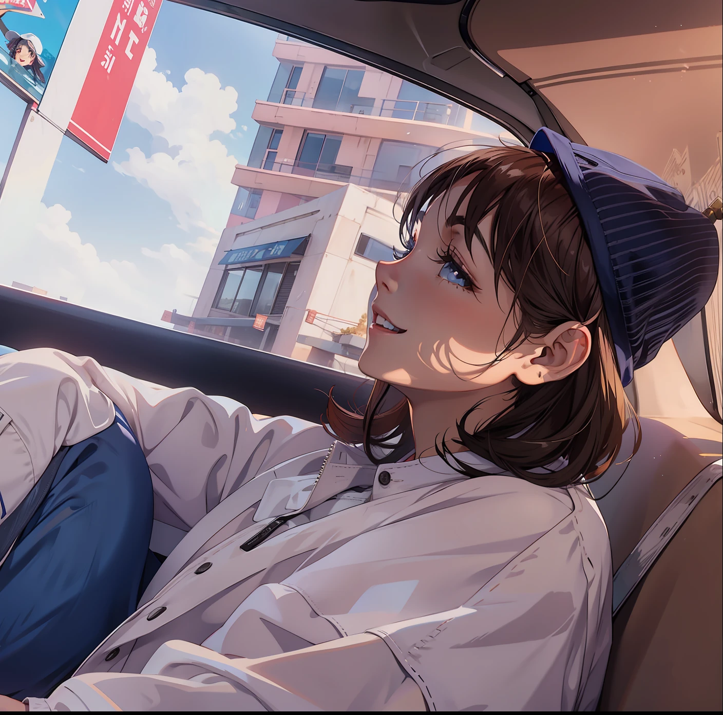 one-girl,having fun,Smile sweetly,Suede cap,Side face