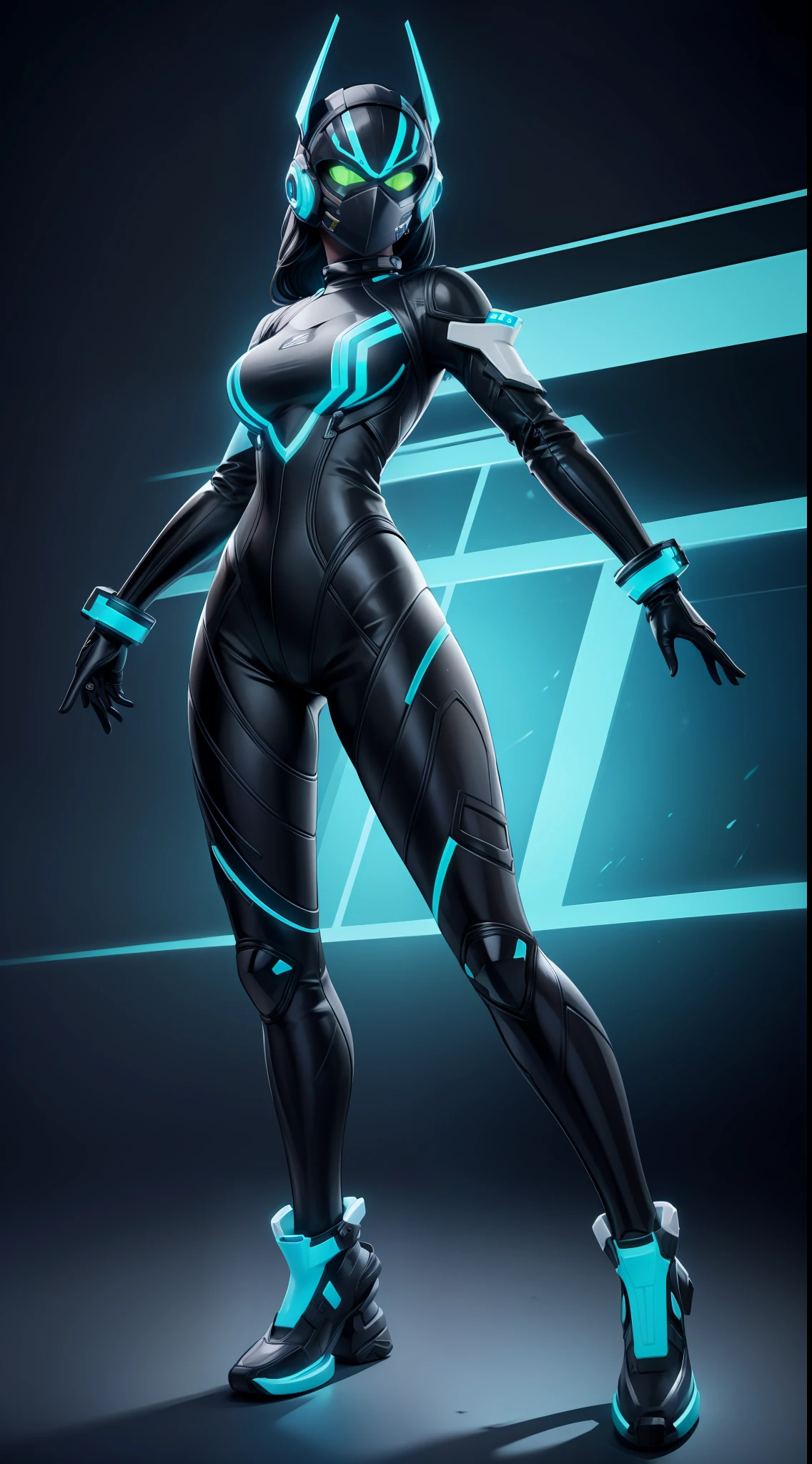solo, super fine photo, full body picture Unreal Engine 5 8K UHD of a girl, wearing futuristic black and white tight rubber battle suit with, full face mask, cyan light details, gloves with cyan light detail, best quality, masterpiece, unified 8k wallpaper, super detailed, sharp focus, dynamic pose