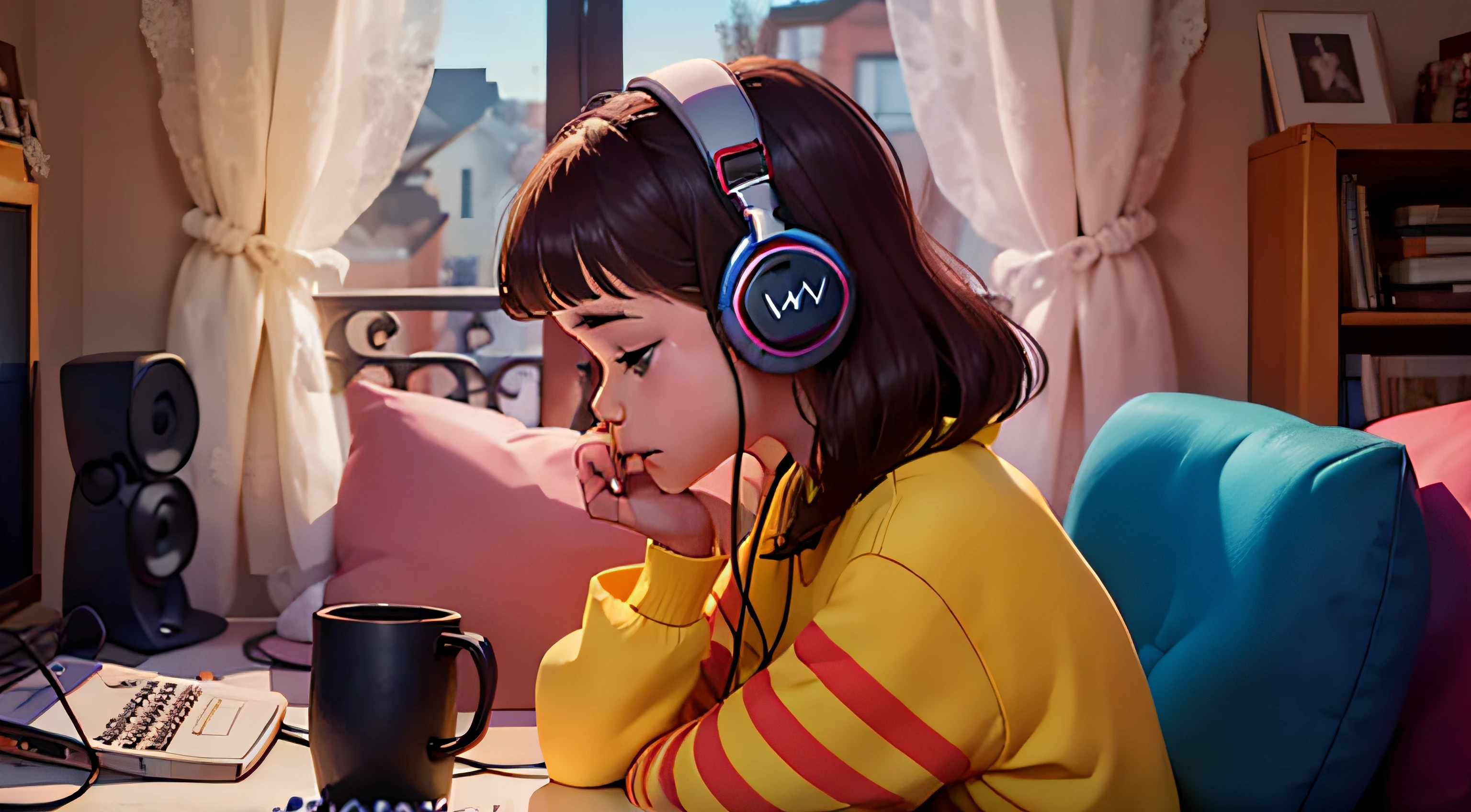 girl listening to music with headphones in her living room