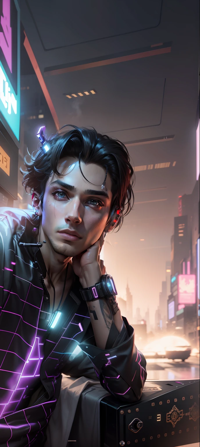 Change background cyberpunk handsome boy, reali stic face, 8k, ultra realistic,