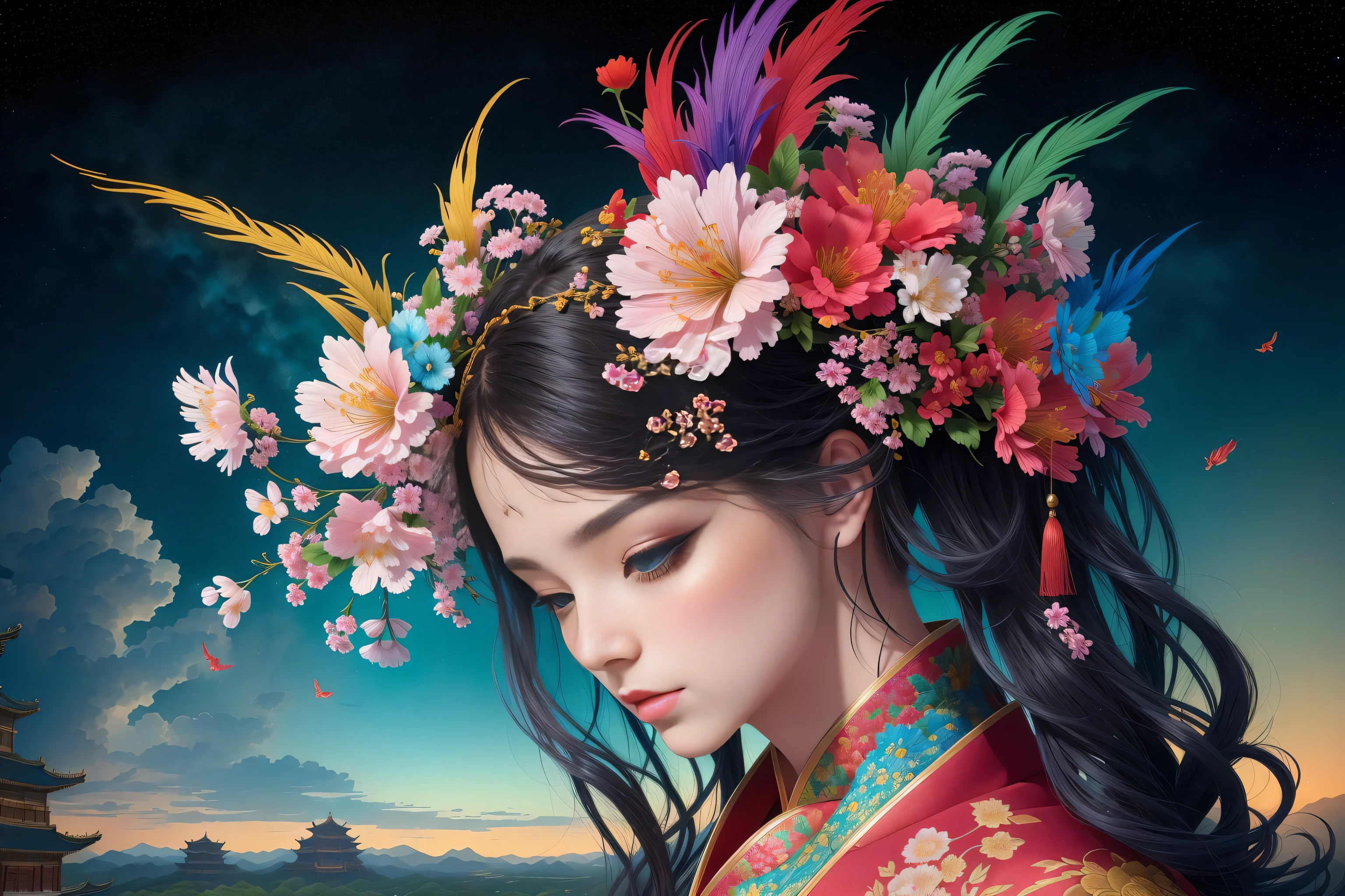 (8k, RAW photo:1.2),best quality, ultra high res,dramatic angle,(fluttered detailed color splashs), (illustration),(((1 girl))),(long hair),(rain:0.9),(hair ornament:1.4),there is an ancient palace beside the girl,(((chinese clothes))),(focus on), color Ink wash painting,(color splashing),colorful splashing,((colorful)),(((cool colors))),(((Tang dinasty)))(sketch:0.8), Masterpiece,best quality, beautifully painted,highly detailed,(denoising:0.6),[splash ink],((ink refraction)), (beautiful detailed sky),moon,highly,detaild,(masterpiece, best quality, extremely detailed CG unity 8k wallpaper,masterpiece, best quality, ultra-detailed),(Lycoris radiata), architecture,