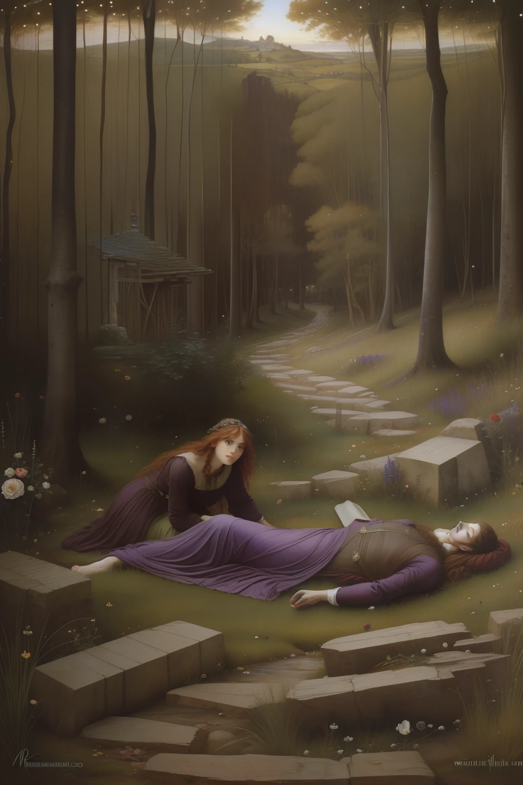 (((Pre Raphaelie Painting))) homem magro, cadaveric, dead body, morto, caverna, campo de urzes, urze roxas, charneca, Rustic, gruta, urzes lilases, charneca, frio, violeta, roxo, Old Celtic cemetery, bem definido