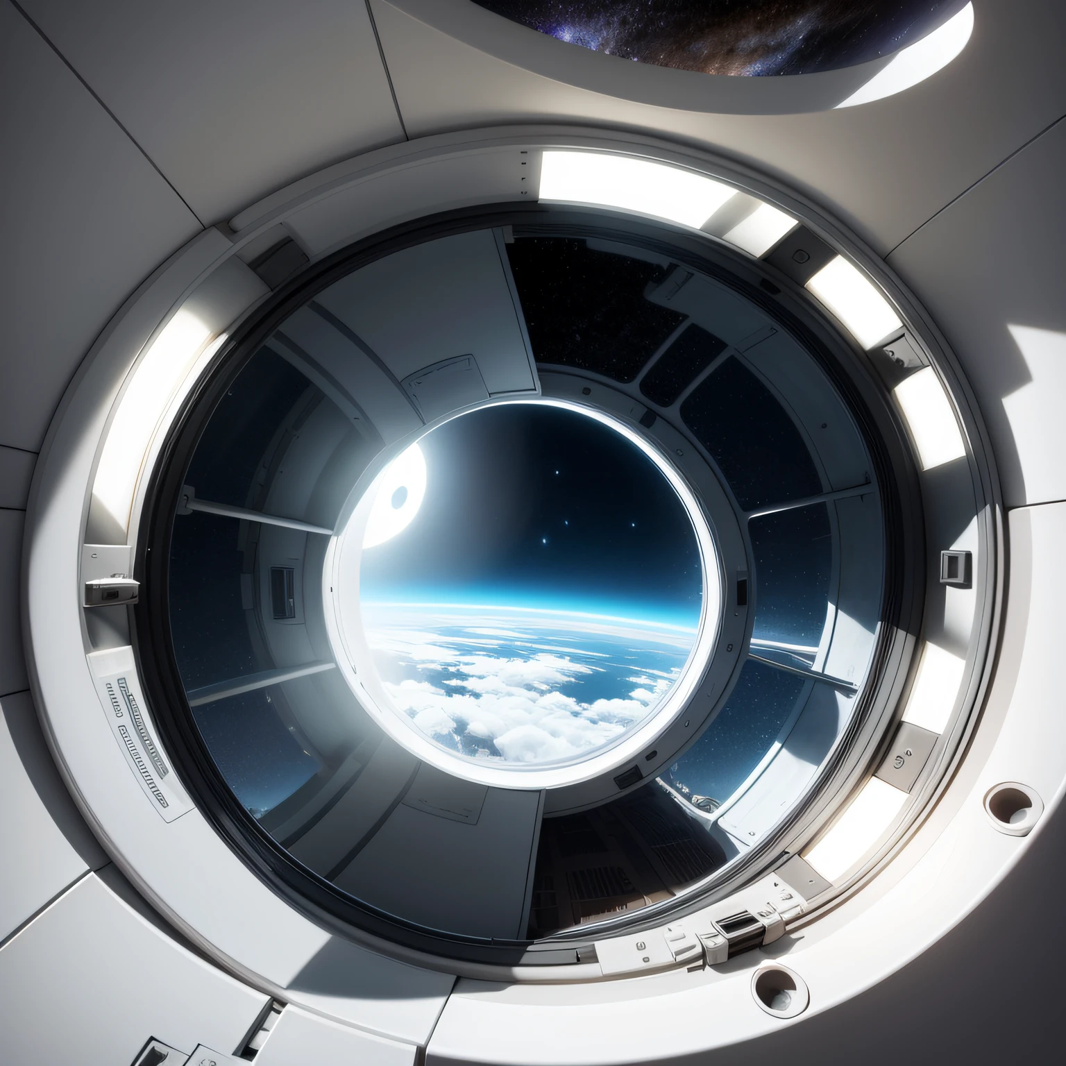 Round windows in a white space capsule，Space scene outside the window，ambiente dark，Low light and shadow，Positive center，4 meters away