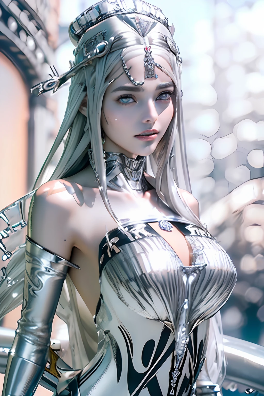 Ultra-detailed complex 3D rendering of the face, (masterpiece, top quality, octane rendering,), glamour shots full body image, very beautiful young elves, cleavage, (highly detailed skin: 1.2), (exposure: 1.1), ((blue micro bikini: 1.95)))). , 8k, (((very soft breasts)), (((conspicuous large pink areola)), beautiful Caucasian woman with white skin with full soft breasts with big buttocks, one, long braided hair, big breasts, dynamic angles, (((huge breasts: 2.4)), ultra-realistic photos, ((((((silver hair)))), futuristic urban background, facial muscles, (((((detailed and glamorous silver crown)))), In the style of Marvel Comics, ArtStation Trends, Clear Focus, Intricate Details, Very Detailed, Detailed Green Eyes, Sharp Focus, Digital Rendering, Professional, Abs, Lip Gloss, Glossy Skin, Sexy Pose, Golden Tattoo All Over Body, Silver Pattern All Over Body, Silver Lame Skin, Gold Glitter Skin, Mansuji, Buttocks, Jeweled All Over the Body, with silver scales, silver hair,