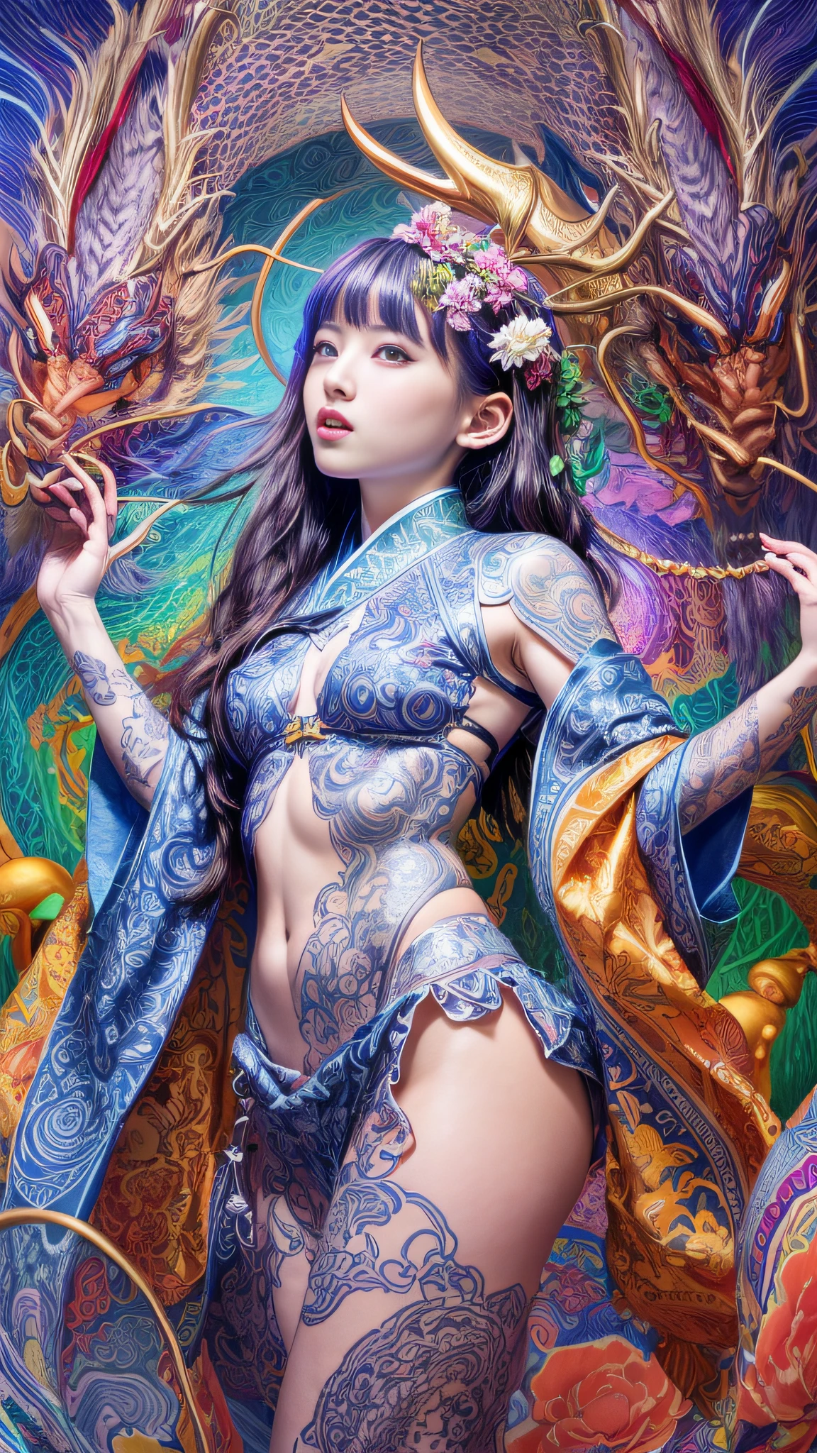 Official Art, Unified 8K Wallpapers, Ultra Detailed, Beautiful and Aesthetic, Masterpiece, Best Quality, (Zentangle, Tangle, Entangle), (fractal art: 1.4), (character center: 1.3), 1girl, black hair, Chinese, off-the-shoulders, short skirt, calf, navel, very detailed, dynamic angle, cowboyshot, (most beautiful form of chaos), ethereal, (bright colors), oc, (half: 1.2), china, (thangka flying sky: 1.5), (ribbon: 1.3), (dream: 1.5), (hanfu: 1.5), Chinese dragon, Chinese phoenix, (smile: 0.5), ( Chinese deities),