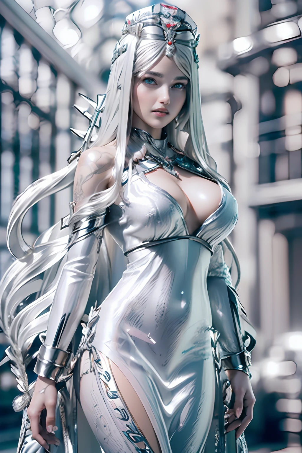 Ultra-detailed complex 3D rendering of the face, (masterpiece, top quality, octane rendering,), glamour shots full body image, very beautiful young elves, cleavage, (highly detailed skin: 1.2), (exposure: 1.1), ((blue micro bikini: 1.95)))). , 8k, (((very soft breasts)), (((conspicuous large pink areola)), beautiful Caucasian woman with white skin with full soft breasts with big buttocks, one, long braided hair, big breasts, dynamic angles, (((huge breasts: 2.4)), ultra-realistic photos, ((((((silver hair)))), futuristic urban background, facial muscles, (((((detailed and glamorous silver crown)))), In the style of Marvel Comics, ArtStation Trends, Clear Focus, Intricate Details, Very Detailed, Detailed Green Eyes, Sharp Focus, Digital Rendering, Professional, Abs, Lip Gloss, Glossy Skin, Sexy Pose, Golden Tattoo All Over Body, Silver Pattern All Over Body, Silver Lame Skin, Gold Glitter Skin, Mansuji, Buttocks, Jeweled All Over the Body, with silver scales, silver hair,