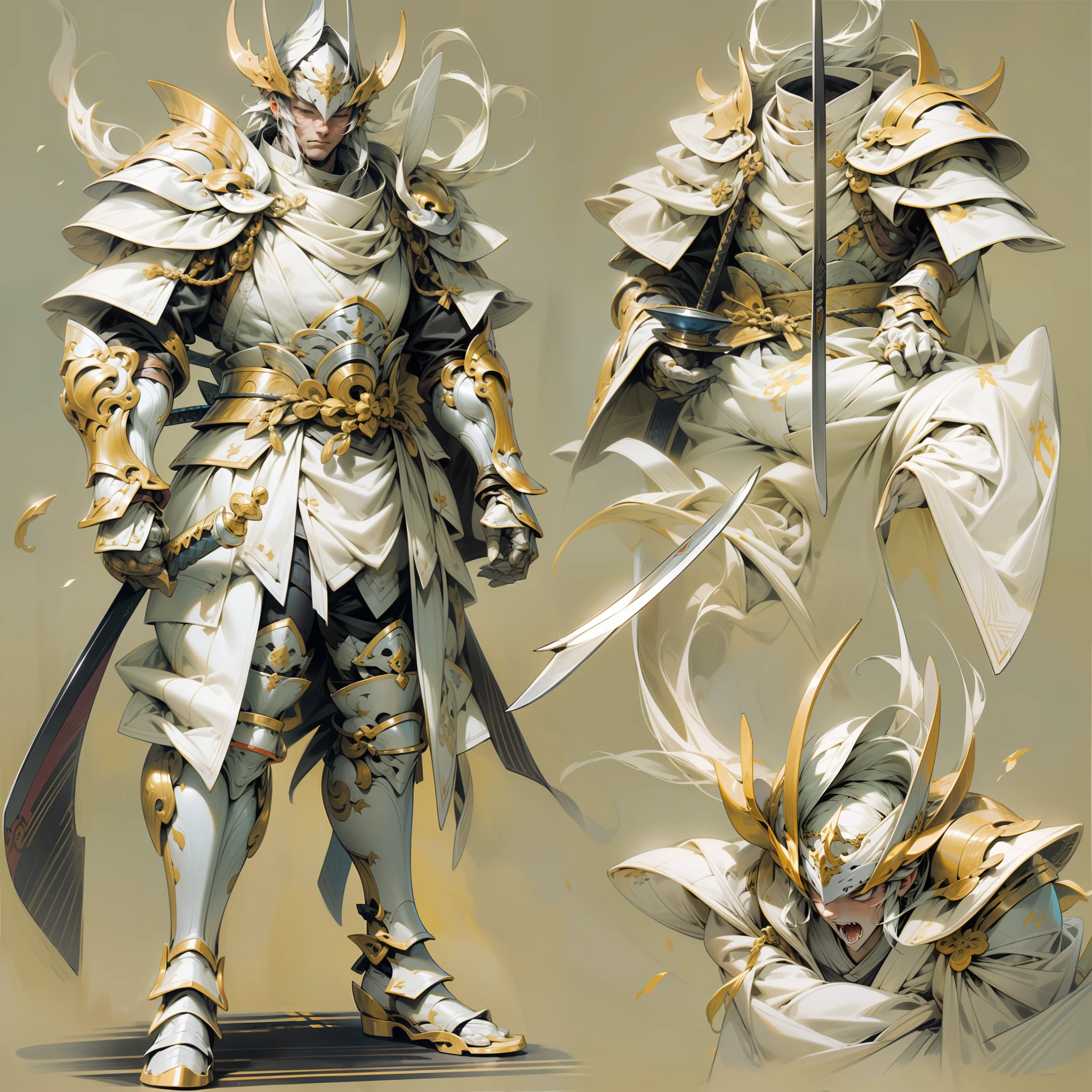 1man, reference sheet, matching outfit, (fantasy character design, front, back, sides, left, right, up, down)
Character Description:
Kageharu is an original and unique character, an extraordinary samurai made from "Cup Nootle" packaging. He was born from an ancient mystical ritual performed by a legendary cook,
in which he brought to life an impressive figure made from instant noodle wrappers. Despite his unusual background, Kageharu became a formidable warrior, loyal to the samurai's teachings and determined to protect the defenseless.

Appearance:
Kageharu has an imposing and robust appearance, standing around 2 meters tall.
Its structure is formed by several empty containers of "Cup Nootle" stacked and united with supernatural strength. His white armor made of sturdy cardboard is decorated with a stylized dragon emblem, representing his courage and strength.

Armor:
Kageharu's white armor is carefully sculpted and designed to provide maximum protection. It is composed of several layers of noodle packaging, which, in addition to providing strength, also reflect a bright and polished surface. Mystical and enigmatic symbols are skilfully inscribed on the armor's plates,
bestowing Kageharu with a legendary appearance.

RPG Style Sword:
Kageharu's sword is an impressive and powerful weapon. At over 2 meters long, she is practically as tall as the samurai himself. The blade is serrated, which gives it an intimidating look and a unique tactical advantage in battle.
The sword is made of a mystical, gleaming material that seems to reflect light captivatingly.

Sheath and Cape:
The scabbard of the sword is made from a sturdy fabric and features elegant white and gold accents. The handle of the sword is wrapped in a silk ribbon, with subtle designs that represent nature and the elements of the earth.
The scabbard and hilt are joined together, forming a harmonious extension of the blade, making the sword an extension of Kageharu's very essence.
