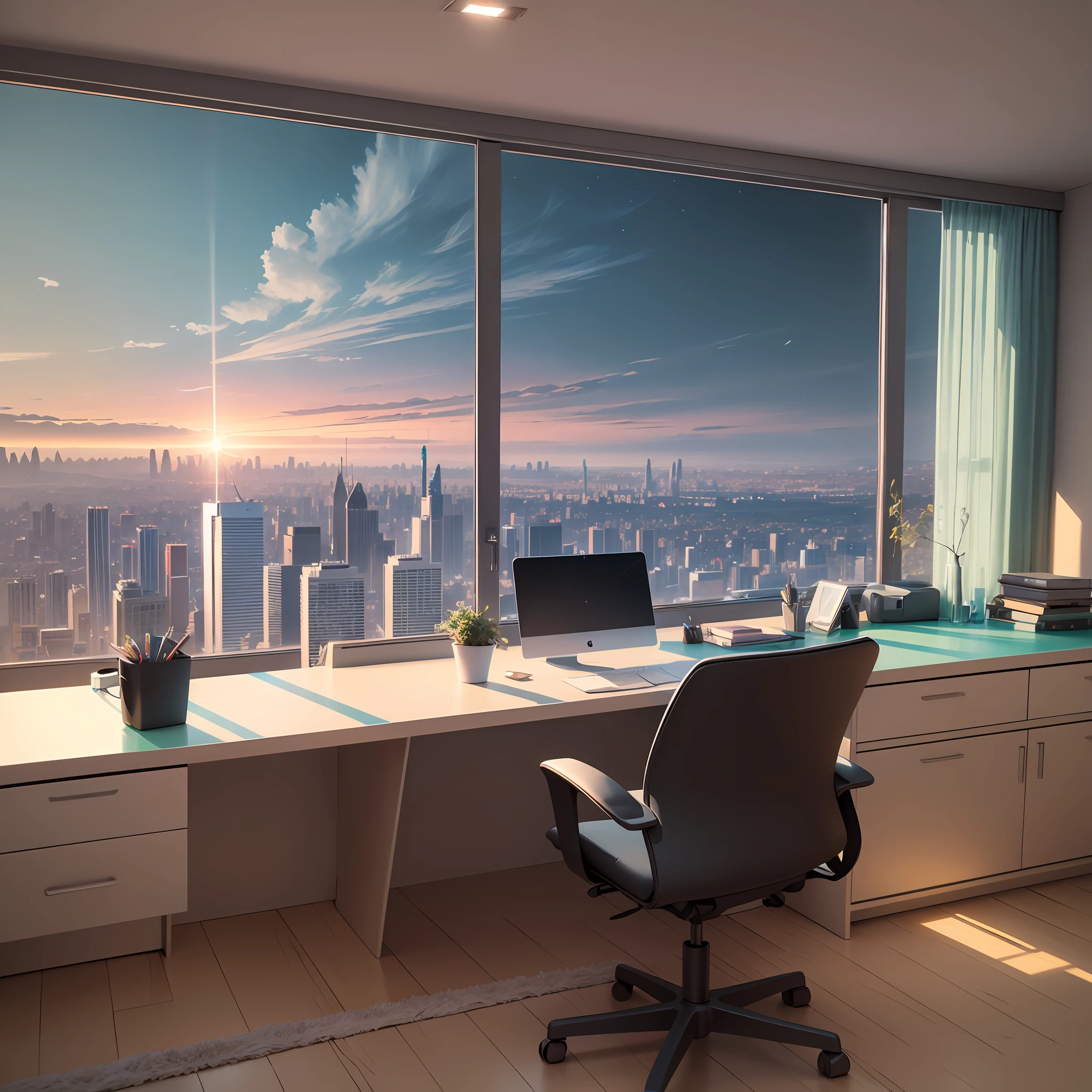 escritorio limpo, organizado, com janelas, vista para a cidade, ultra-realista, 8k, good ilumination --auto --s2