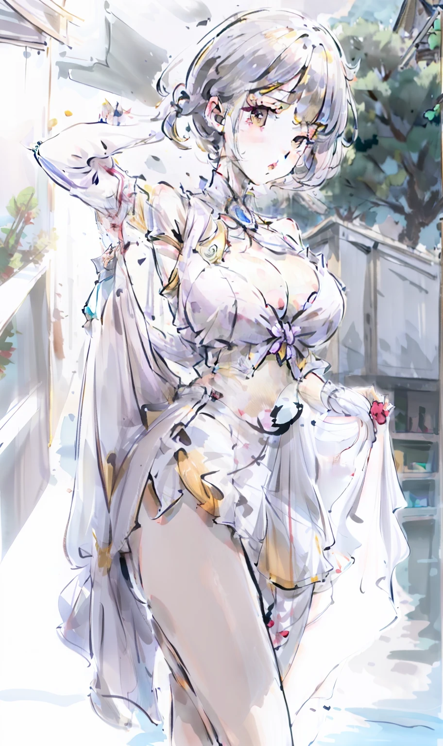 Short yellow hair,Shyness blush,a white long skirt,swim wears,huge tit,Big ass