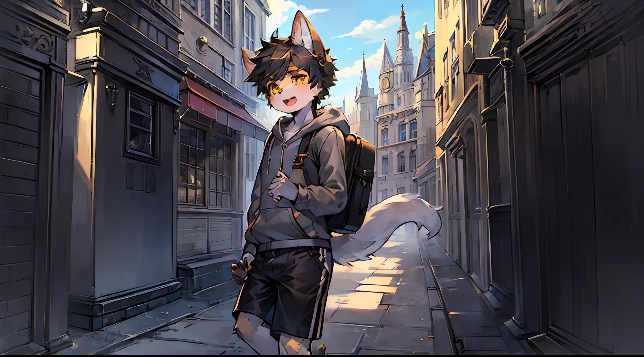 (masterpiece:0.8),(1boy:1.8),anthro,furry,cute face,black dog,(white fur:0.5),body fur,yellow eyes,look left,open mouth,dog ears,dog paws,tail,grey hoodies,black beach shorts,backpack,street,town,european style building,boeing 737 airplane is landing,(sunny:1.0),(cloud:0.8),(sunshine:0.8),solo
