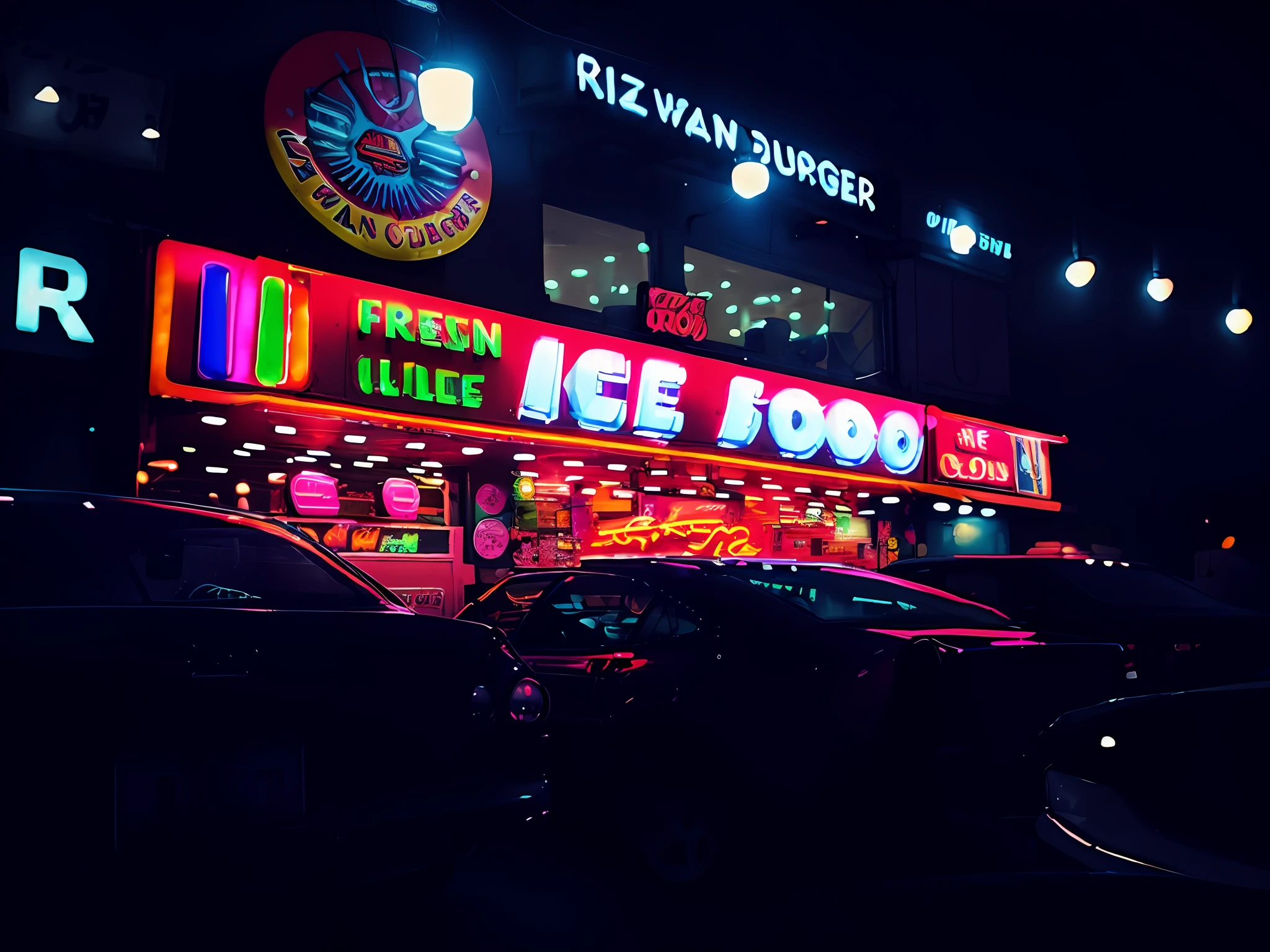 cars parked in front of a neon lit ice cream shop, at night with neon lights, neon signs in background, neon lights outside, cold neon lighting, cold neon light, neon lights in the background, colorful neon signs, thick neon lights, neon lights everywhere, with neon signs, with neon lights, neon shops, glow of neon lights, with neon lighting