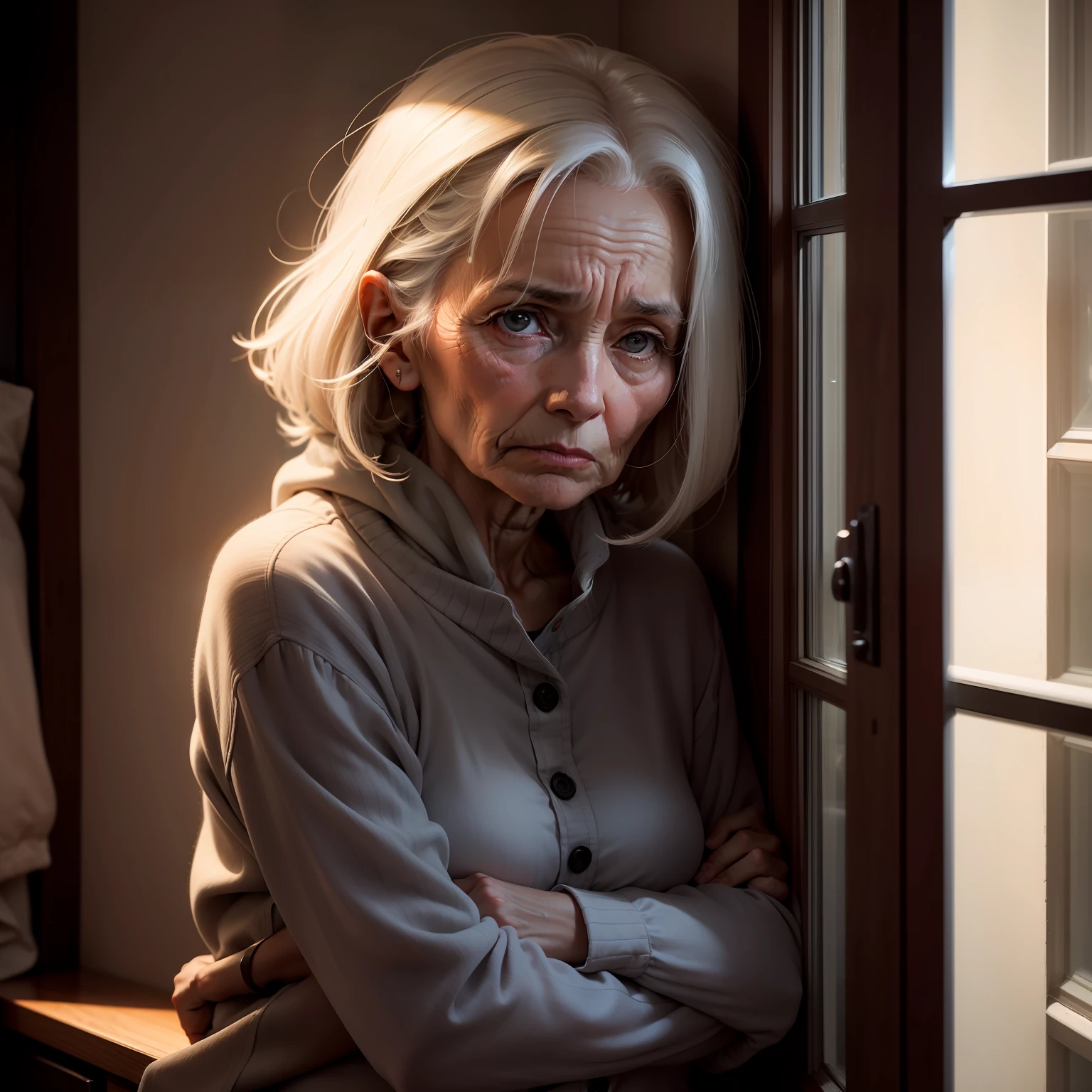 a woman with age 60 looking sadly though a window during a night, with simple cloths , thinking about the problems.