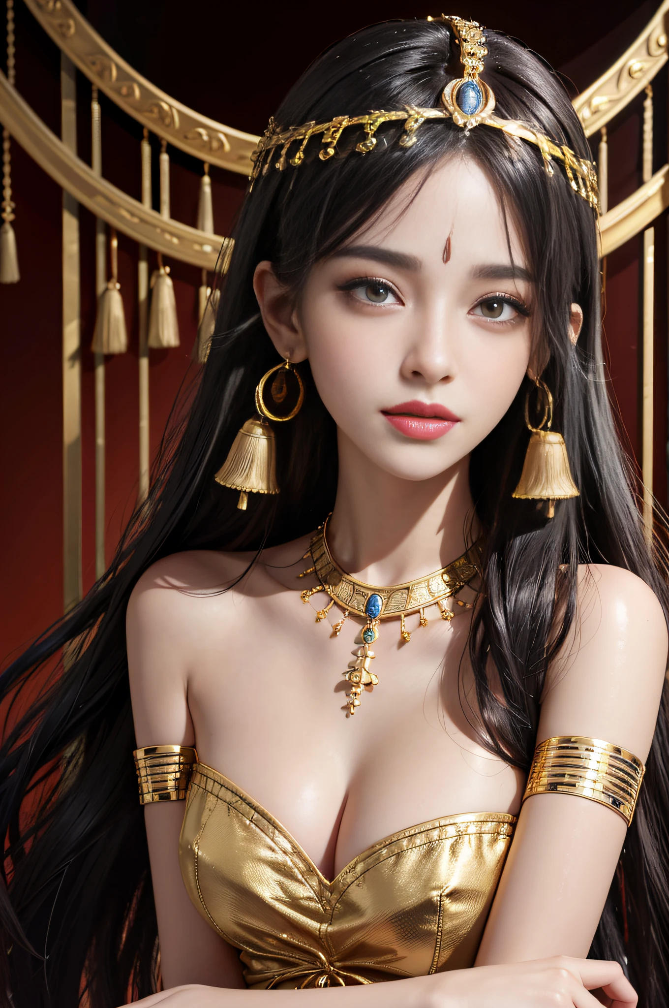 Cleopatra,Textured skin,Heavy makeup,Pick dyeing,Egyptian crown,Heavy makeup,Ribbons,gold earring,There is a tattoo on the forehead,Beauty mole,Heterochromic pupils,Light smile,A high resolution,tmasterpiece,Best quality,Portrait of 1girl,Klipatra