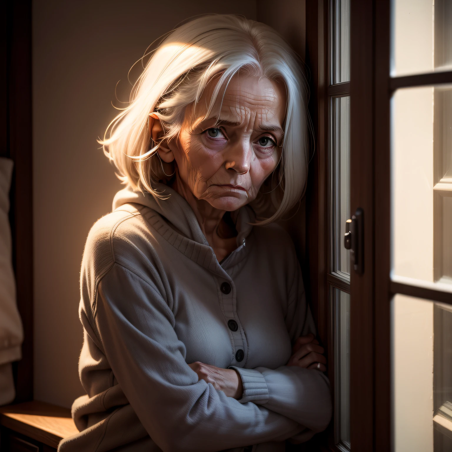 a woman with age 60 looking sadly though a window during a night, with simple cloths , thinking about the problems.