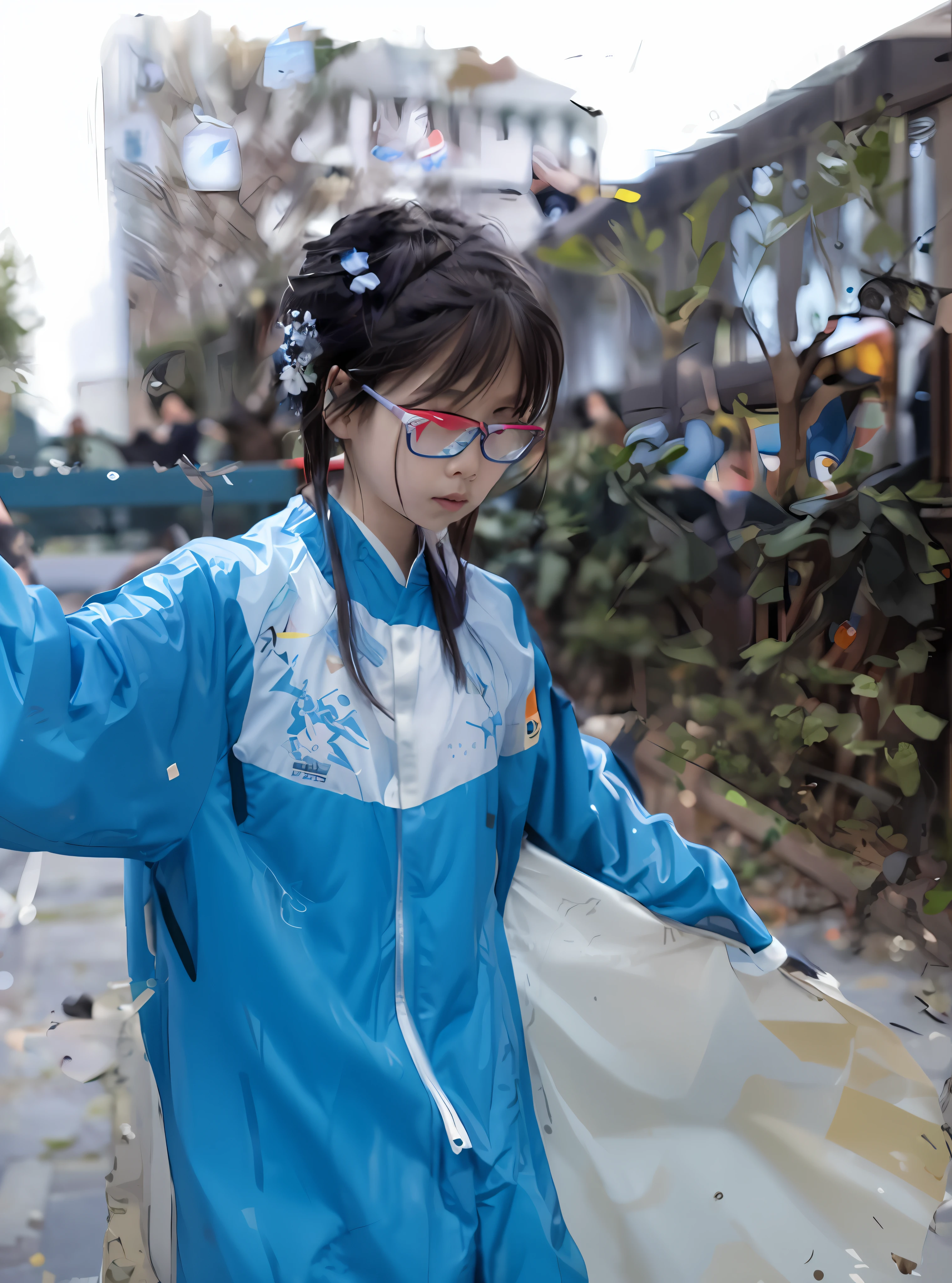 There was a ********** wearing a blue and white jacket and glasses, wearing track and field suit, wenjun lin, xintong chen, Li Zixin, nanquan, jinyiwei, Zhang Pengzhen, tight light blue neopren suits, profile picture 1024px, Wang Qichao, inspired by Ding Yunpeng, wenfei ye