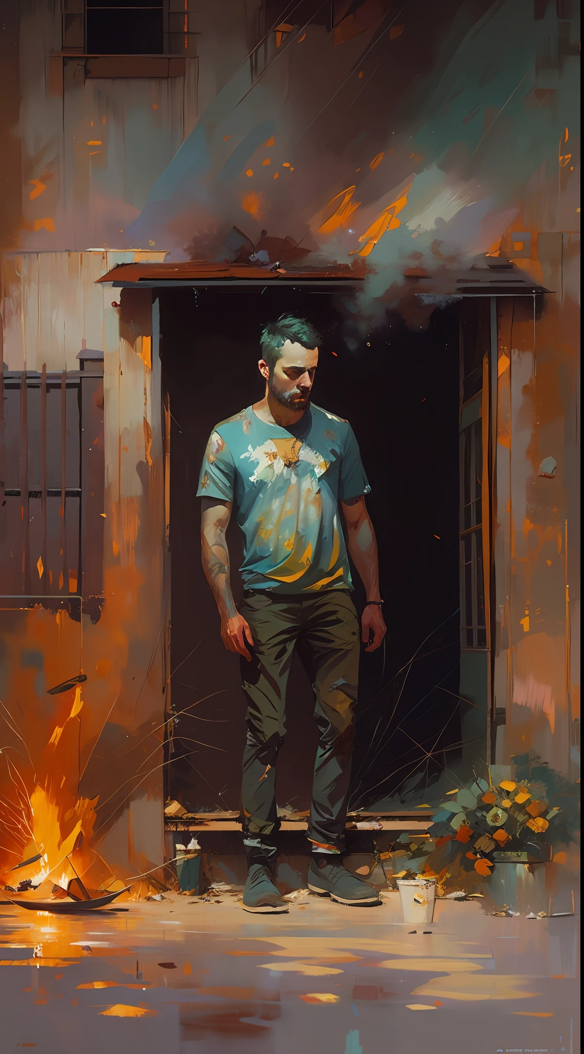 pintura de um homem em frente a uma casa com um fogo ao fundo, Stefan Koidl inspirado, Ryan Hewett, Stefan Koidl, Directed by: Thomas Wijck, Casa em chamas, Bussiere Rutkowski Andreas Rocha, Amor Brett, casas em chamas, inspirado em Ismail Inceoglu, pintura triste emocional, Pino Daeni e Dan Mumford