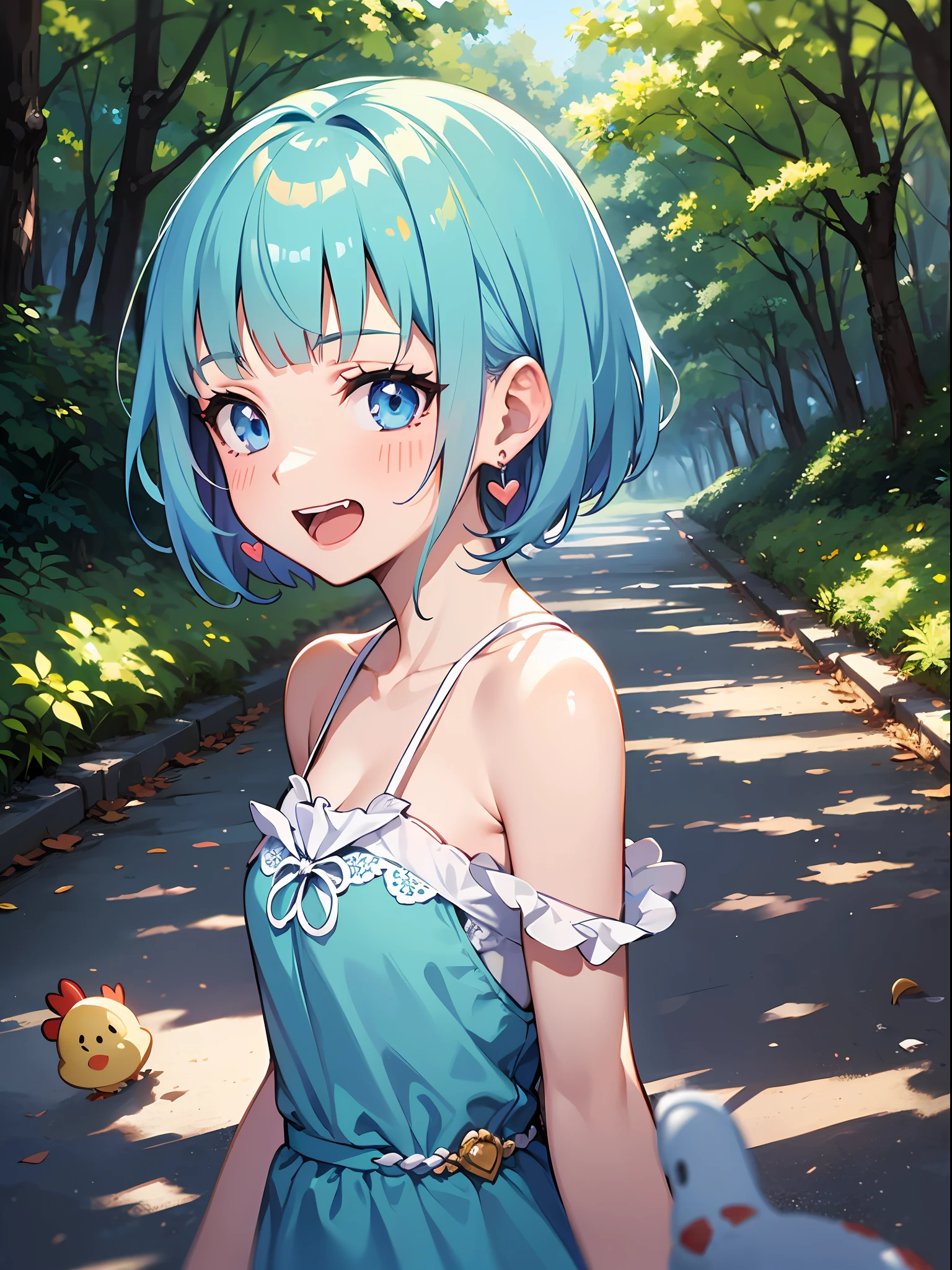 (masutepiece:1.3), (Best Quality:1.3), High resolution, Couboy Shot, Leaning forward, body facing forward, (One Cute Girl:1.3), Solo, White skin, tiny chest, eight-headed person, Light blue hair, (bobhair:1.2), (Short hair:1.2), (Blunt bangs:1.2), Beautiful hair, Blue eyes, Beautiful detailed eyes, blush, Open mouth, heart mark, Cheerful smile, one piece dress, frilld, earrings, Outdoors, Natural park, a bird, (chicken:1.3), Shadow Lighting,