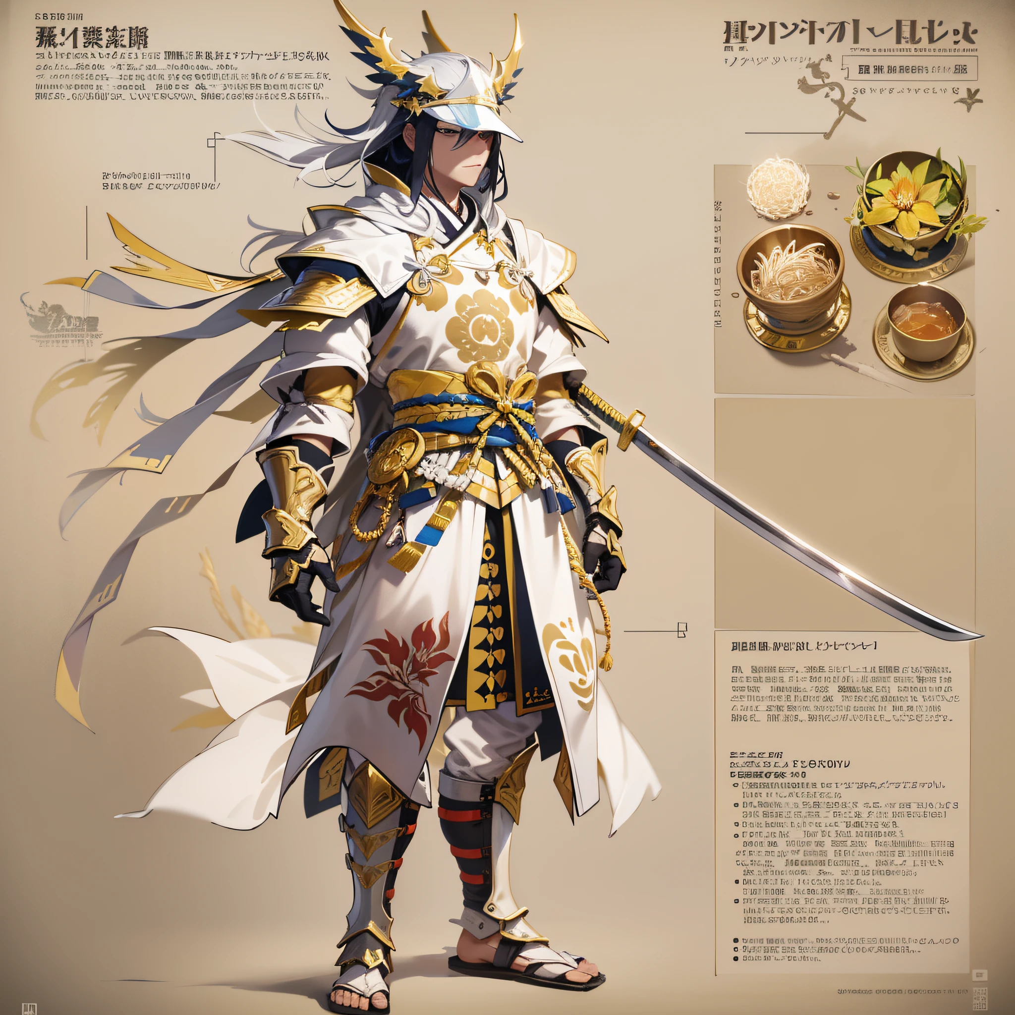 1man, reference sheet, matching outfit, (fantasy character design, front, back, sides, left, right, up, down)
Character Description:
Kageharu is an original and unique character, an extraordinary samurai made from "Cup Nootle" packaging. He was born from an ancient mystical ritual performed by a legendary cook,
in which he brought to life an impressive figure made from instant noodle wrappers. Despite his unusual background, Kageharu became a formidable warrior, loyal to the samurai's teachings and determined to protect the defenseless.

Appearance:
Kageharu has an imposing and robust appearance, standing around 2 meters tall.
Its structure is formed by several empty containers of "Cup Nootle" stacked and united with supernatural strength. His white armor made of sturdy cardboard is decorated with a stylized dragon emblem, representing his courage and strength.

Armor:
Kageharu's white armor is carefully sculpted and designed to provide maximum protection. It is composed of several layers of noodle packaging, which, in addition to providing strength, also reflect a bright and polished surface. Mystical and enigmatic symbols are skilfully inscribed on the armor's plates,
bestowing Kageharu with a legendary appearance.

RPG Style Sword:
Kageharu's sword is an impressive and powerful weapon. At over 2 meters long, she is practically as tall as the samurai himself. The blade is serrated, which gives it an intimidating look and a unique tactical advantage in battle.
The sword is made of a mystical, gleaming material that seems to reflect light captivatingly.

Sheath and Cape:
The scabbard of the sword is made from a sturdy fabric and features elegant white and gold accents. The handle of the sword is wrapped in a silk ribbon, with subtle designs that represent nature and the elements of the earth.
The scabbard and hilt are joined together, forming a harmonious extension of the blade, making the sword an extension of Kageharu's very essence.