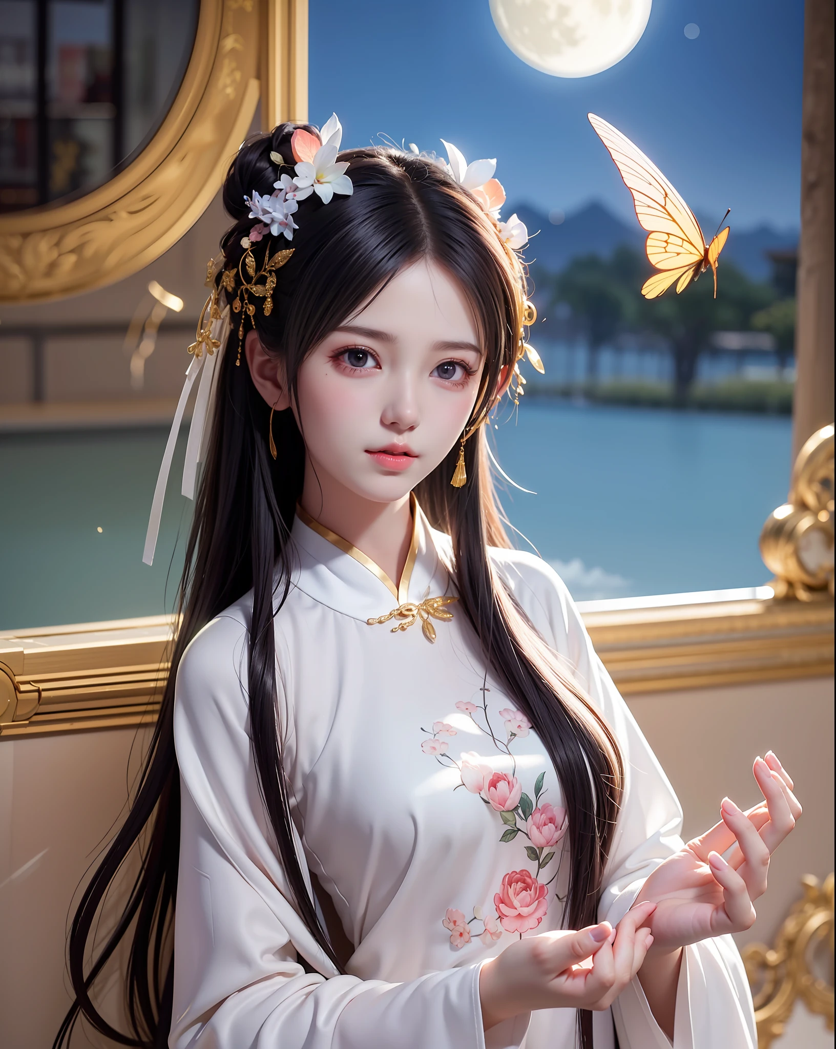 (8k, RAW photo:1.2), best quality, ultra high res,dramatic angle,(fluttered detailed color splashs), (illustration),(((1 girl))),(long hair),(rain:0.9), (头饰:1.4),少女身边有一座古宫,汉服,(重点),彩色水墨画,(泼彩),泼彩,(((colorful))),(素描:0.8) , Masterpiece, best quality, beautiful painted, highly detailed,(denoising:0.6),[splash ink],((ink refraction)), (beautiful detailed sky),moon,highly,detaild,(masterpiece, best quality, extremely detailed） CG unity 8k壁纸，杰作，最好的质量，超详细），（石蒜），
