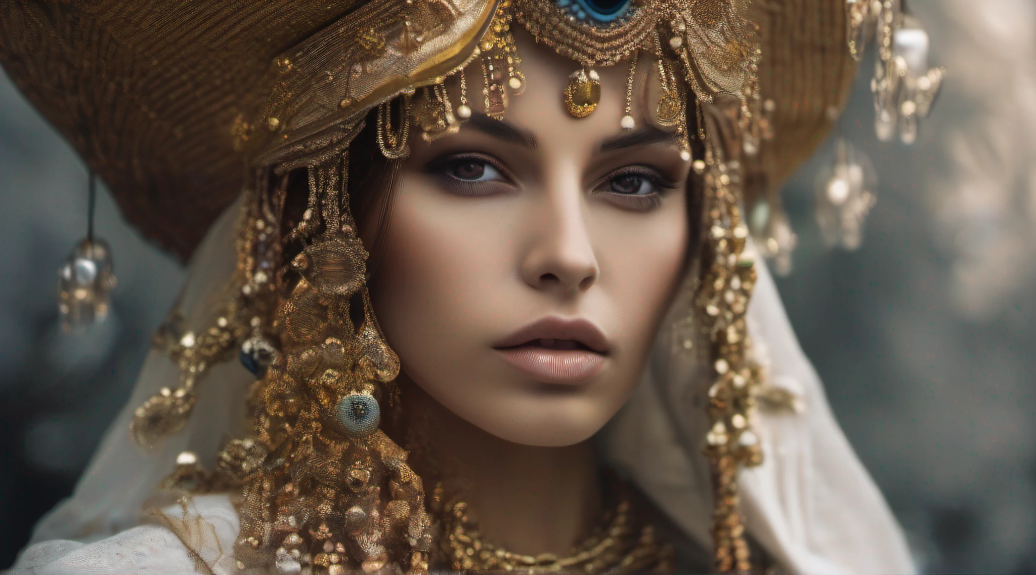 Masterpiece, absurdres,award winning photo, extremely detailed, amazing, fine detail, extremely detailed eyes and face, by lee jeffries nikon d850 film stock photograph 4 kodak portra 400 camera f1.6 lens rich colors hyper realistic lifelike texture dramatic lighting unrealengine trending on artstation cinestill 800 tungsten, (golden brown eyes:1.195)
SSAHC, a woman in a white dress made of beads and a magnificent hat , wearing gold SSAHC, (((upper body picture)))