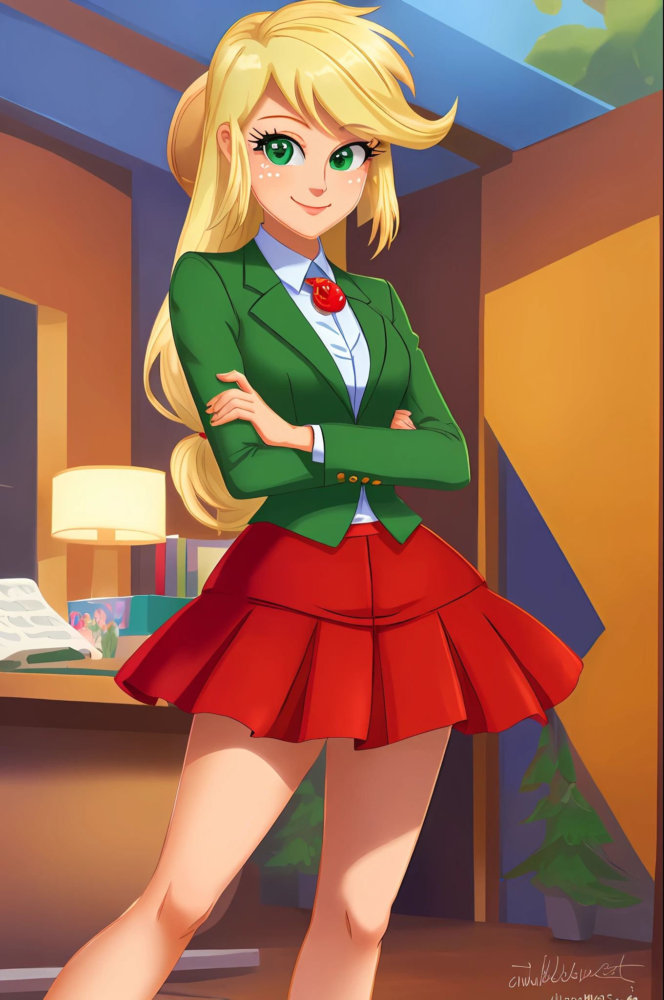 (masterpiece, best quality:1.2), cowboy shot, solo, 1girl, mlpapplejack, smile, looking at viewer, crossed arms, low-tied long hair, red skirt suit, high heels, office