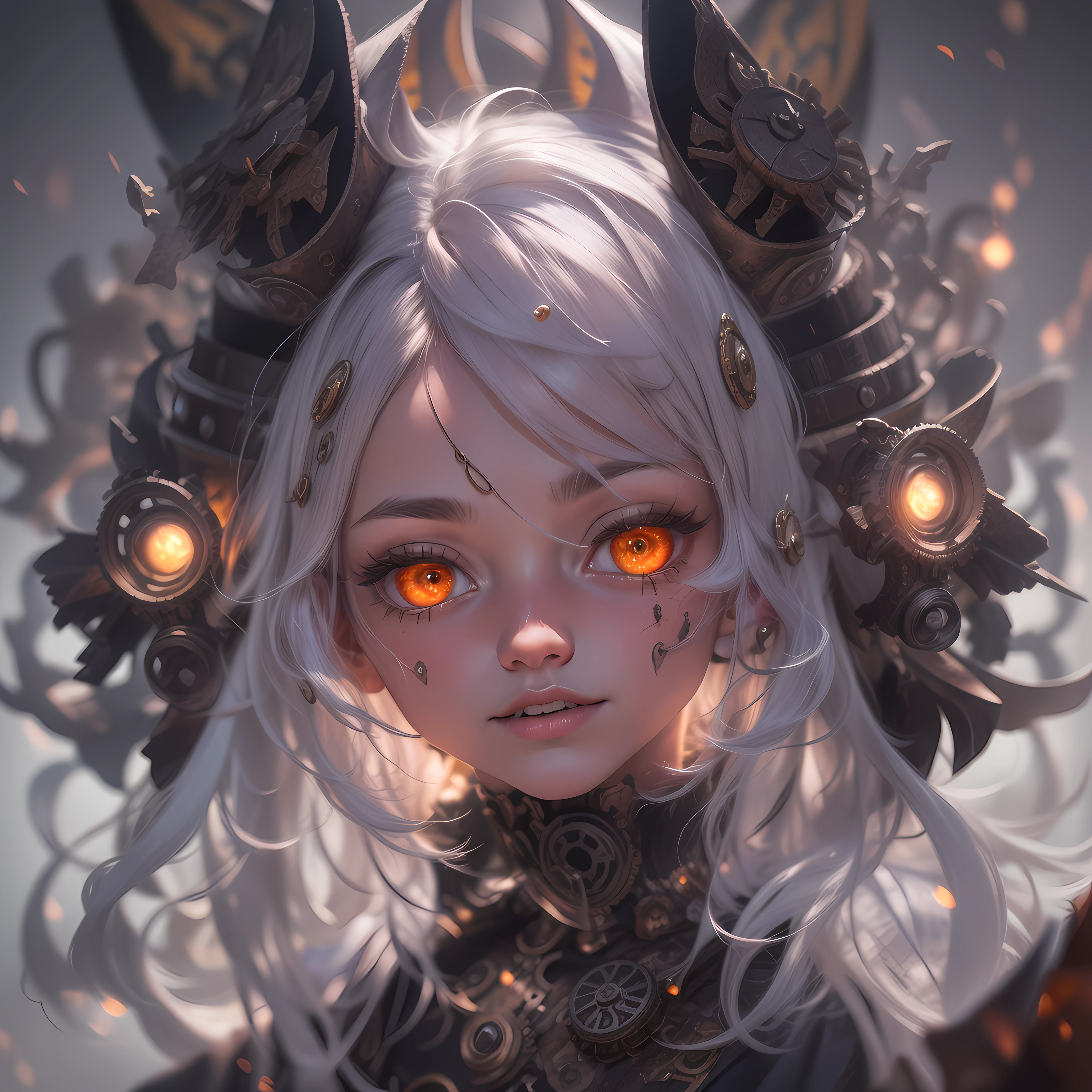 (1girl fox ear)), discreet wearing cloak with gears, technical wearing, jetpack, dark church background, mechanism, gears, industry, technology, automaton, electric sparks cinematic atmosphere. (((flowing cloak))), ((amber eyes high quality, high quality face)), (extremely intricate robes, magical robes), short hair ((platinum hair color)), casting black flame, swirling fire, radiating power, smoke, magic black flame ((dramatic)), depth of field, bokeh, gothic, ember, particles, 15 year old, pale skin, small boobs no nipples, skulls and lit candles necromancer, red glow, shadows, starry, night blood moon, magic, night sky, black mist, corruption, low camera angle, (detailed eyes:1.3), (detailed body:1.3), (detailed face:1.3), (perfect hands:1.3). realistic shadows, ultra detailed high resolution, sharp focus, depth of field, faded, (small_breasts:1.9), (small head), (Masterpiece:1.2) (photorealistic:1.2) (best quality) (intricate details) (High Poly) (Raytracing), (neutral colors:1.2), (hdr:1.4), (muted colors:1.2), hyperdetailed, (artstation:1.4), cinematic, cold lights, dramatic light, (intricate details:1.1), (teal and orange:0.4)", detailed background, (steam-punk theme:1.1) determined expression, dark mist, dark clouds, floating lights.