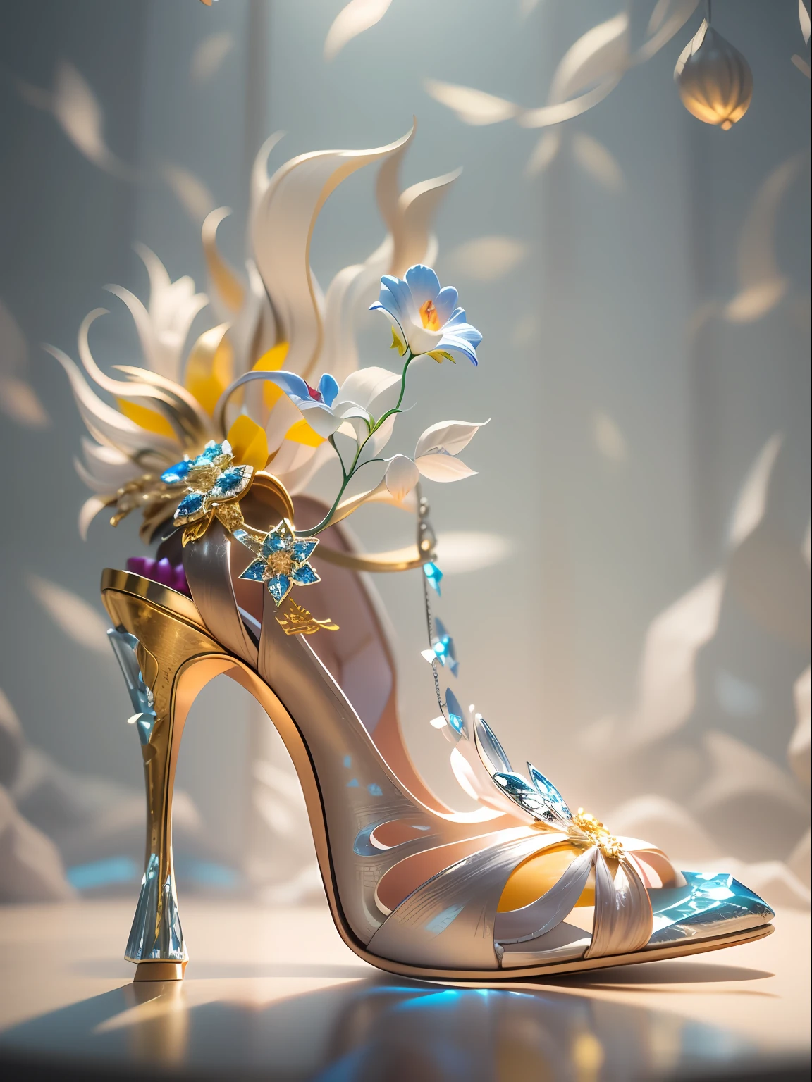 A pair of crystal high heels emanated（（（White-gold particle effects：1.3）））,Complicated details，diamond，Sparkling， fanciful, Noble and elegant，streamline，Layered，（（（Do not distort and deform：1.3）））， Gorgeous and colorful,,Dreamy flowers，Amazing photography, dramatic  lighting, photo-realism, super-fine,Ultra photo realsisim，8k, depth of fields, A high resolution，The toe of the shoe faces the camera，（The overall silhouette is centered：1.3），3D,C4D,octaneratingrendering，super high image quality