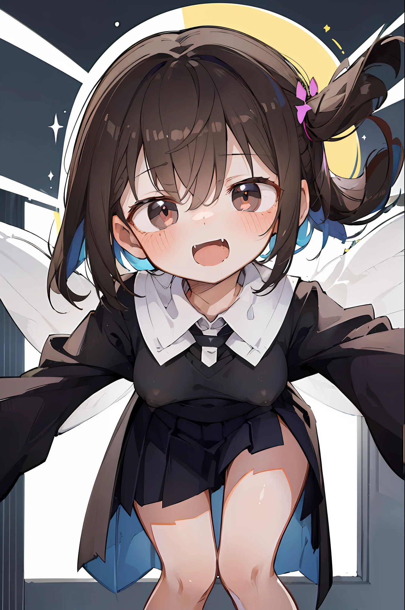 (masterpiece, best quality:1.3), 1girl, small breasts,(covered nipples:0.8), indoors, church, school uniform, summer uniform, bright brown color hair, Shaggy hair, layered hair, black eyes, distress look, shouting, giddy face, fang
