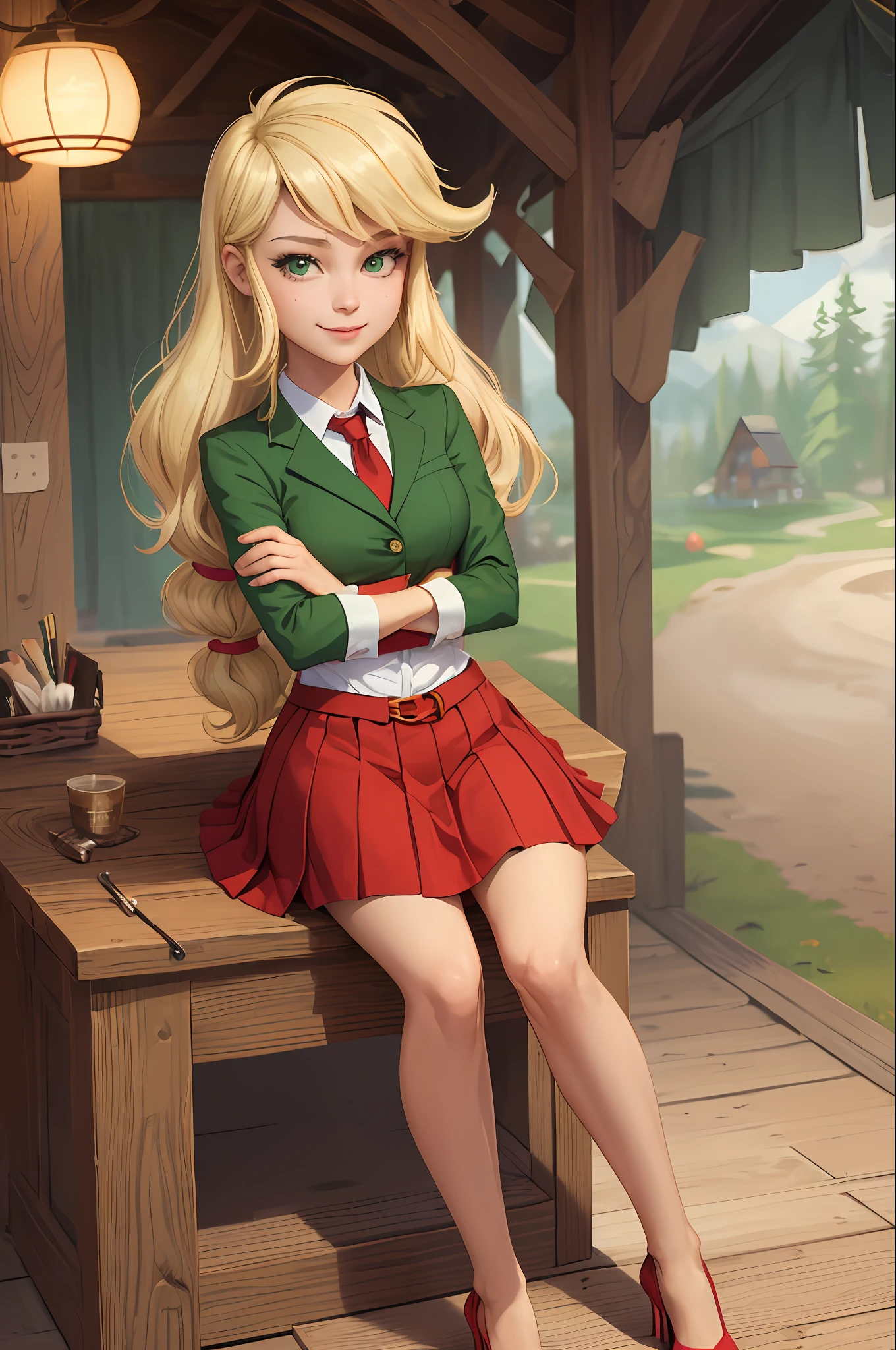 (masterpiece, best quality:1.2), cowboy shot, solo, 1girl, mlpapplejack, smile, looking at viewer, crossed arms, low-tied long hair, skirt suit, high heels, office