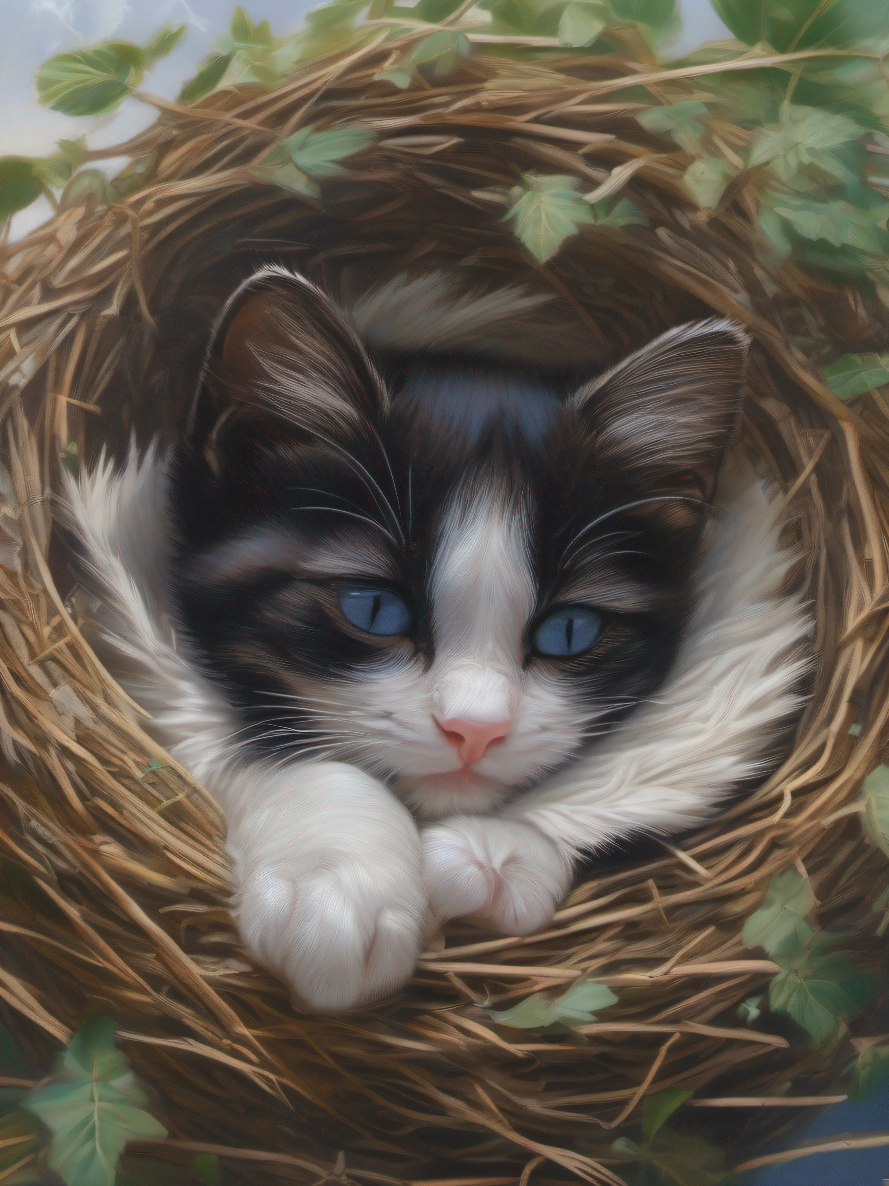 Chaton noir et blanc, Kitten sleeping in a bird's nest, Summer in Japan, Ne pas attirer les yeux est inacceptable, Ultra HD 8K, Portrait conceptuel par Greg rutkowski, Artgerm, hyperdetailed, intricate high detail, Couleurs triadiques, fantastique, intricate high detail, splash screen, Complementary color, 8k resolution, oil painting, coups lourds, softlighting, Photographie argentique, Photographie analogique, grain du film, hyperrealism,