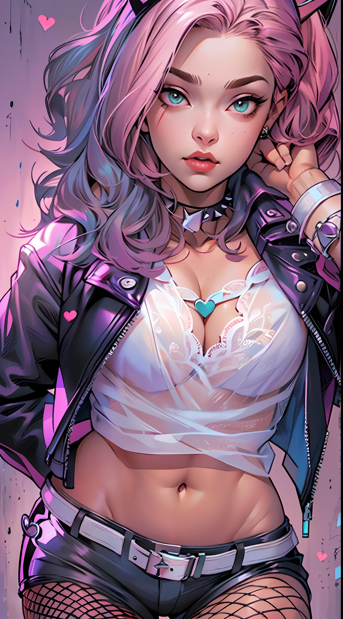Loving, Love, (beautiful and clear background:1.2), high detailed eyes , underwear, lace, latex, Pink, Purple, mint, Blue, Yellow, lavender hair, body piercings, Loving, Love, ultra detail hair, Masterpiece, Best Quality, hiquality, hight resolution, detail enhancement, ((most beautiful image in the world)), Masterpiece, Best Quality, hiquality, hight resolution, detail enhancement, ((most beautiful image ), art by stjepan sejic, art by j scott campbell, Artist Guillem March, art by citemer liu, 4k, hight resolution,high quality detailed, style of ::2.0 comix illustration style,hiquality, hight resolution, detail enhancement, 8K, HD, Best Quality, hiquality, hight resolution, detail enhancement, 8K, HDR, sharp-focus, Ultra Detailed, perfect lighting, Curvy Body, Lush breasts, Curvy hips, rock, rock star, Cool,black leather jacket , style of, spikes, Cat's ears, Cool bracelets, Choker, Short shorts, fishnet pantyhose, Heart Print, Heart,