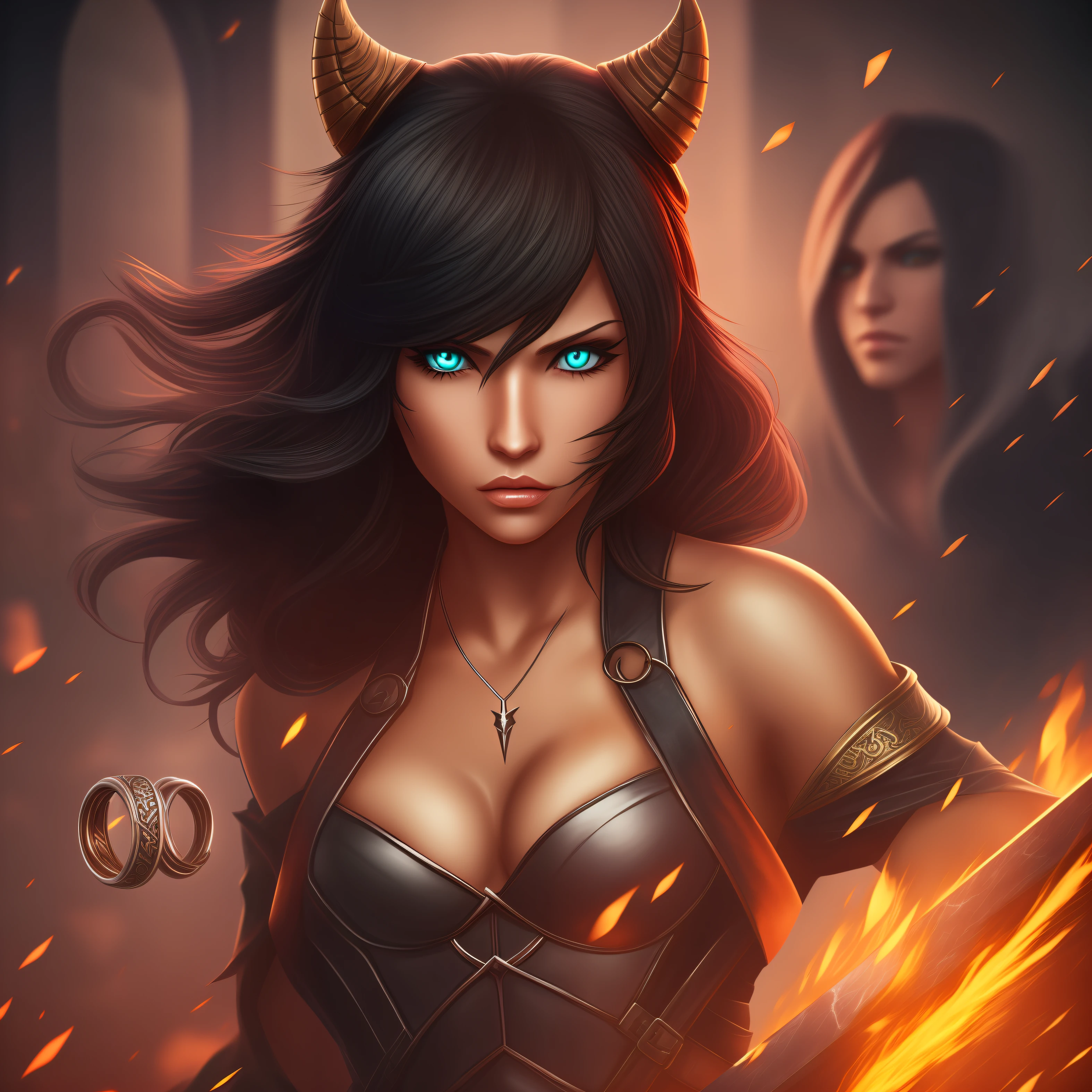 black hair, Woman hell, Box with rings, RPG hero, 8k, super detail