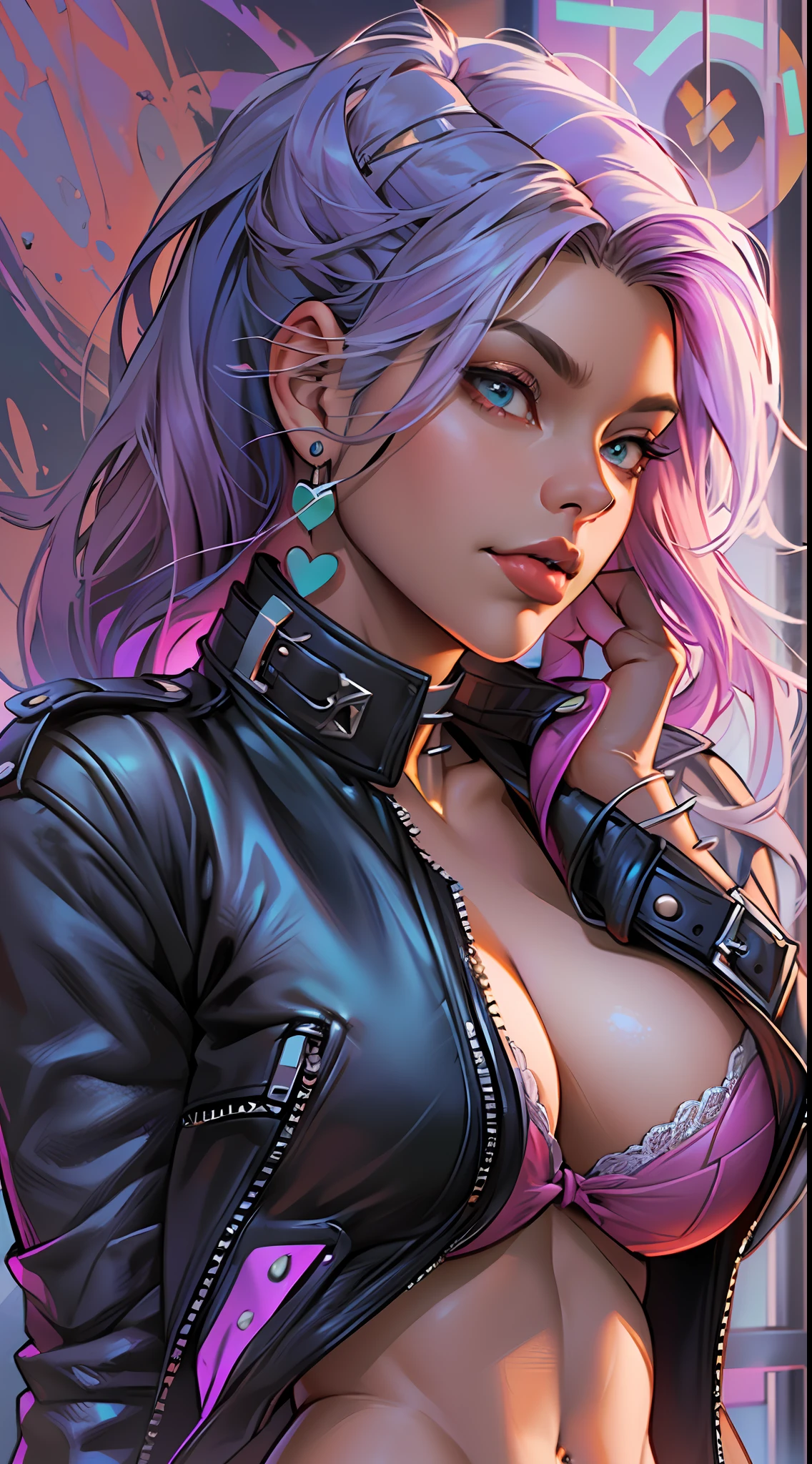 Loving, Love, (beautiful and clear background:1.2), high detailed eyes , underwear, lace, latex, Pink, Purple, mint, Blue, Yellow, lavender hair, body piercings, Loving, Love, ultra detail hair, Masterpiece, Best Quality, hiquality, hight resolution, detail enhancement, ((most beautiful image in the world)), Masterpiece, Best Quality, hiquality, hight resolution, detail enhancement, ((most beautiful image ), art by stjepan sejic, art by j scott campbell, Artist Guillem March, art by citemer liu, 4k, hight resolution,high quality detailed,   style of ::2.0 comix illustration style,hiquality, hight resolution, detail enhancement, 8K, HD, Best Quality, hiquality, hight resolution, detail enhancement, 8K, HDR, sharp-focus, Ultra Detailed, perfect  lighting, Curvy Body, Lush breasts, Curvy hips, rock, rock star, Cool,black leather jacket , style of, spikes, Cat's ears, Cool bracelets, Choker, Short shorts, fishnet pantyhose, Heart Print, Heart,