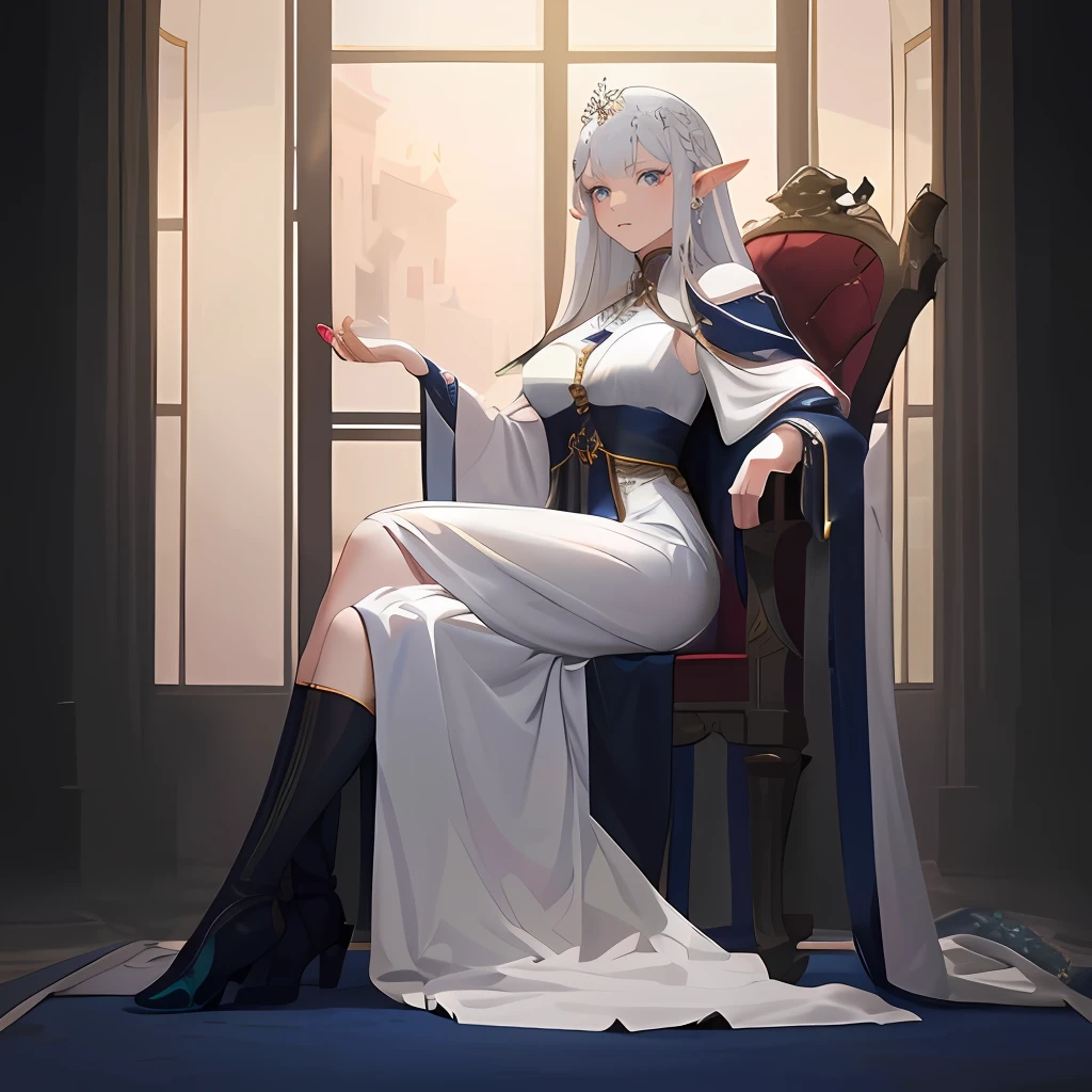 A woman in a white dress sits in a red chair, royal elegant pose, in a throne room, on her throne, sitting on her throne, ((a beautiful fantasy empress)), White-haired god, Sitting on a throne, a beautiful fantasy empress, 8K high quality detailed art, beautiful and elegant elf queen, portrait of an elf queen, An elf queen