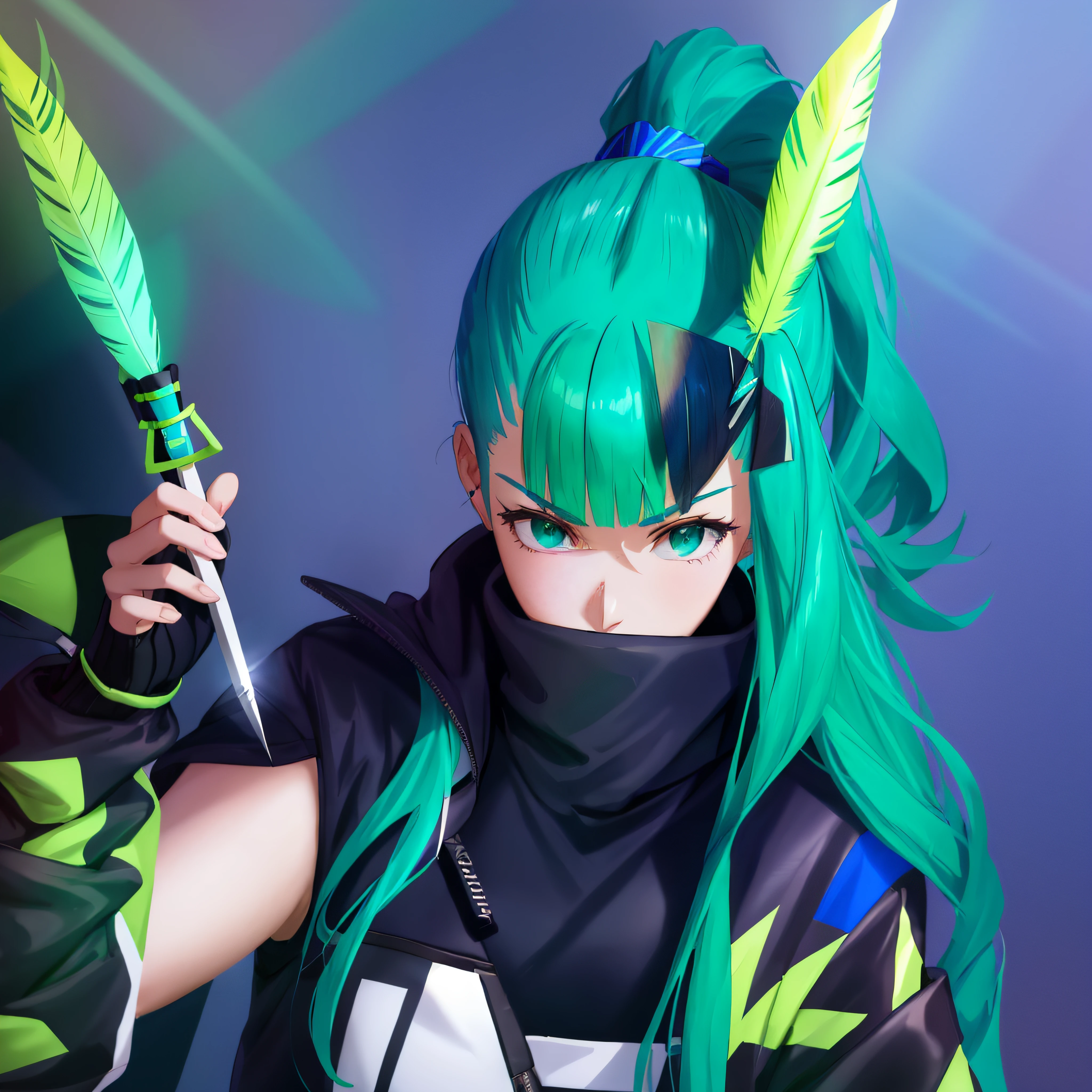 A cool girl，High neck zip leggings tracksuit covers chin，Green high ponytail hair，Sharp eyes，A feather shaped dart in your hand，Wear a hairpin in the shape of a feather，HighestQuali，masterpiece，最好质量，8k