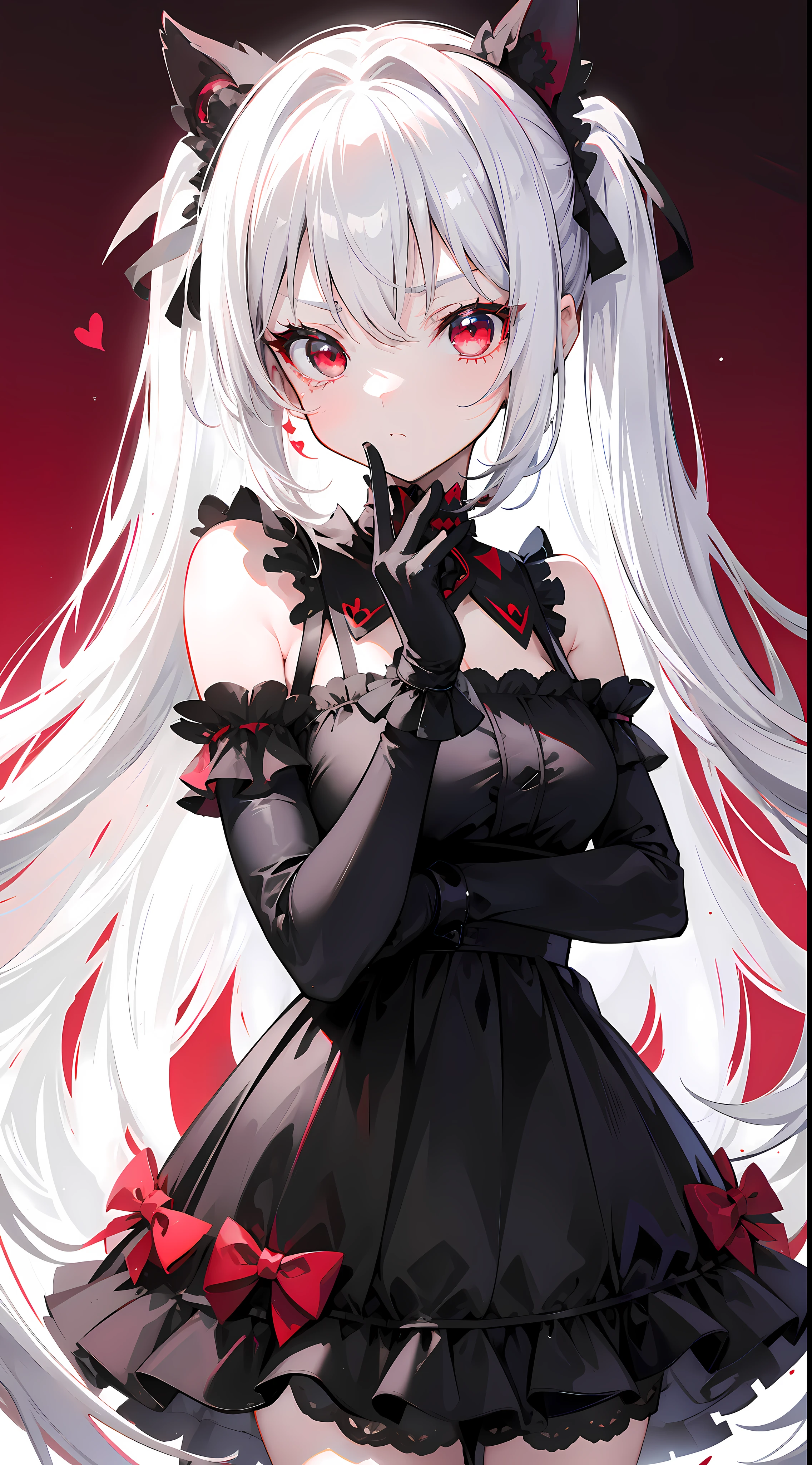 A girl in a short black ta dress ,Red eyes,Breasts:0.6,double tails,Silver hair,up-close,White background,Tsundere Sama,animemanga girl,small curvaceous lolid your cheeks with both hands,Black lace gloves