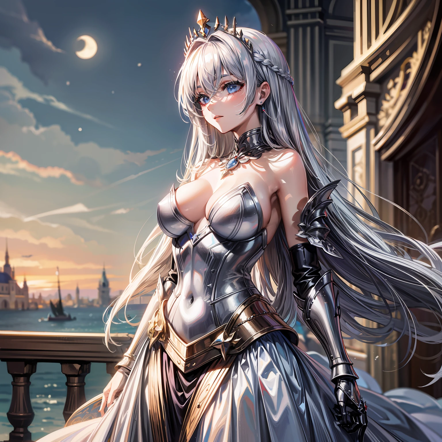 themoon, jewely, Pedras preciosas, flags, Armour, (tmasterpiece), kosmos,Silvery hair,Beautiful breasts,Haute couture dress,long whitr hair