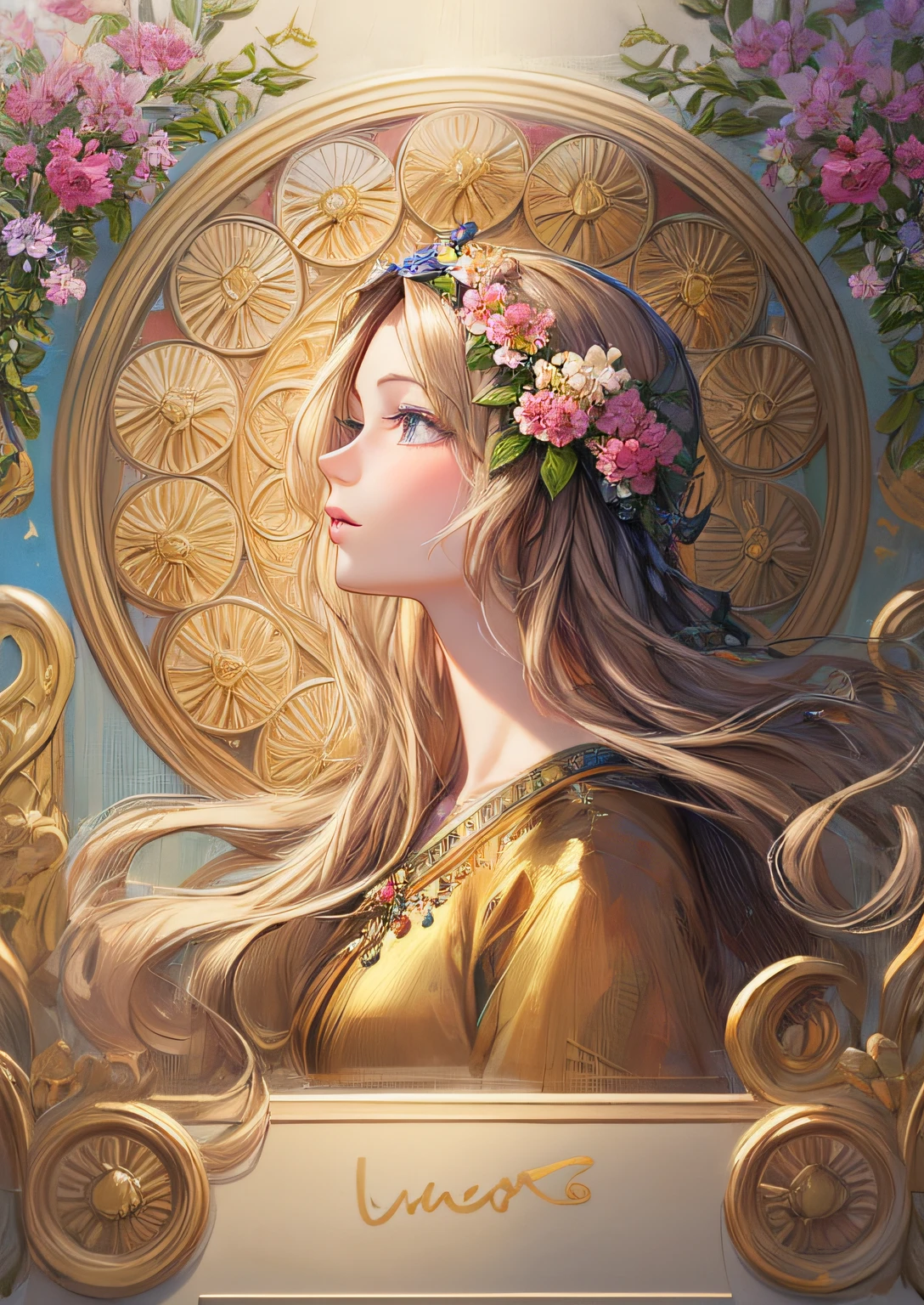 (masterpiece, best quality, detailed beautiful:1.2), (perfect sketch, detailed clothes, detailed eyes), Krenz Kchart style, Sandro Botticelli style, (1girl), solo, (looking left), dressed like nordic goddess, (portrait, shot from side), a lot of flowers in the frame,