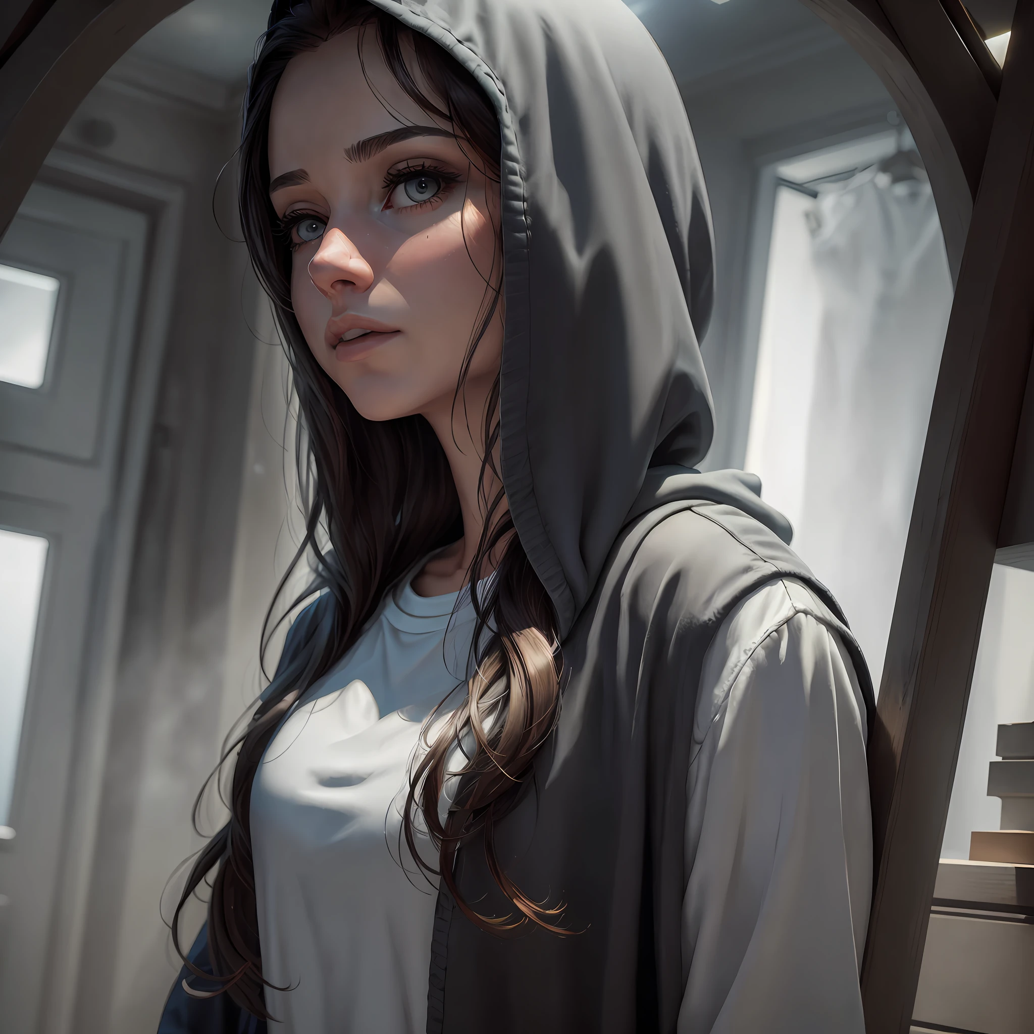 There's a woman in a hoodie in front of a mirror, menina de cabelo preto vestindo capuz, detailed cinematic render, unreal engine cinematic, cinematic render unreal engine, Motor irreal. filme ainda, unreal engine cinematic smooth, Artgerm ; motor 3d unreal, Cinematic realistic portrait, cinematic digital painting, cinematic soft lighting, arte do personagem do motor irreal, cinematic realistic photo