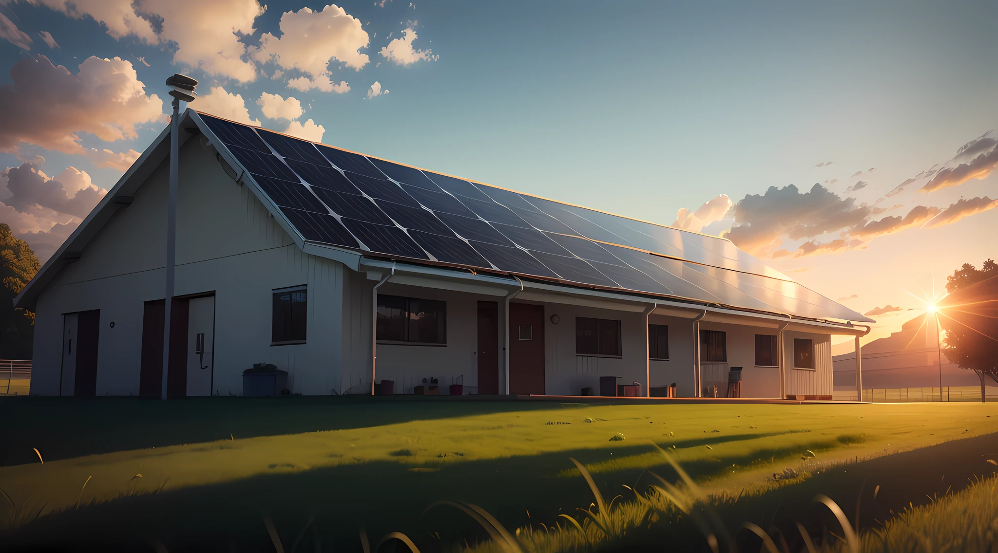 Bright sunrise behind solar panel structure on a green grass 4K -
