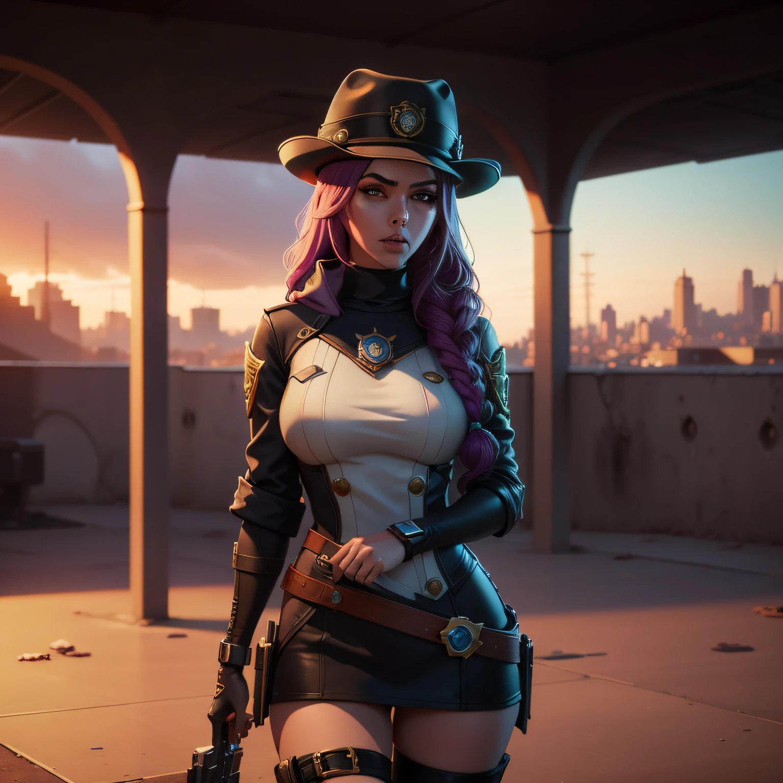 mulher,policial , estilo caitlyn, League Of Legends, Riot Games ,efeito vhs,intricadamente detalhado ,detalhes finos,detalhes finos,ray tracing,Subsurface dispersion,lighting soft fuzzy,profundidade de campo rasa, (League Of Legends),trending in the artstation,Alto Detalhe, foco nítido