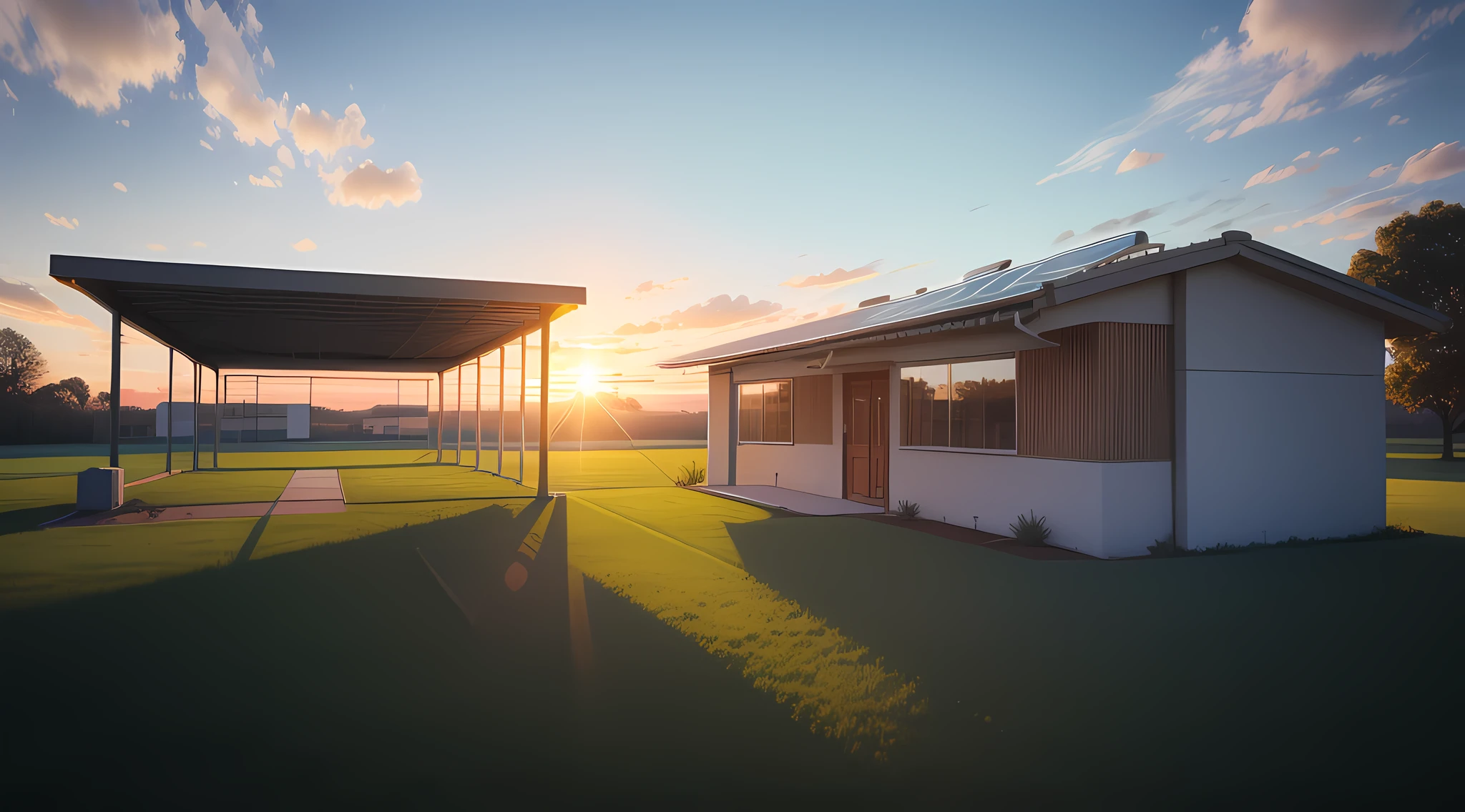 Bright sunrise behind solar panel structure on a green grass 4K -