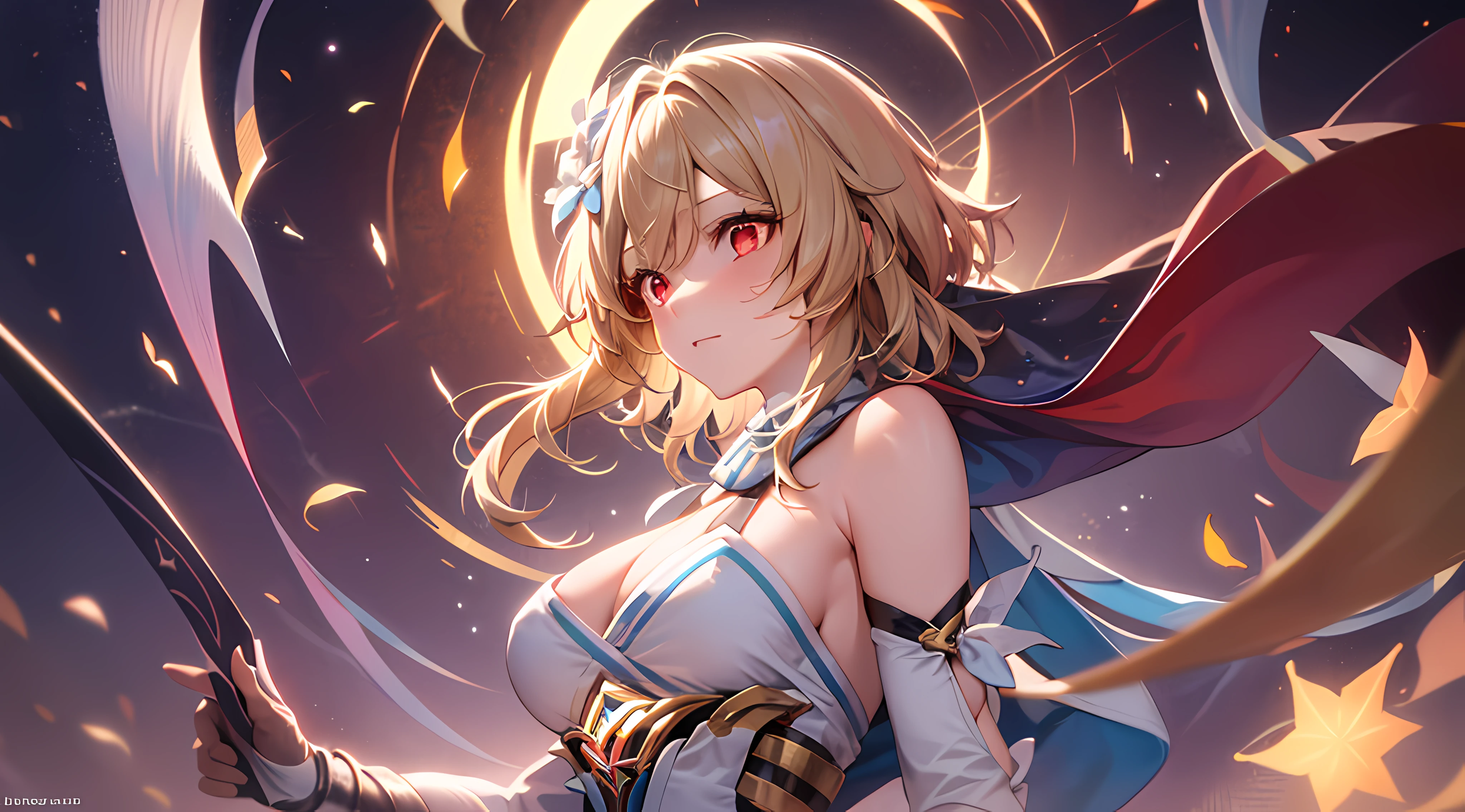 1girll, Solo, Luminedef, cleavage, standing, (Glowing red eyes), (from below view), Ten suns hang from the sky in the background