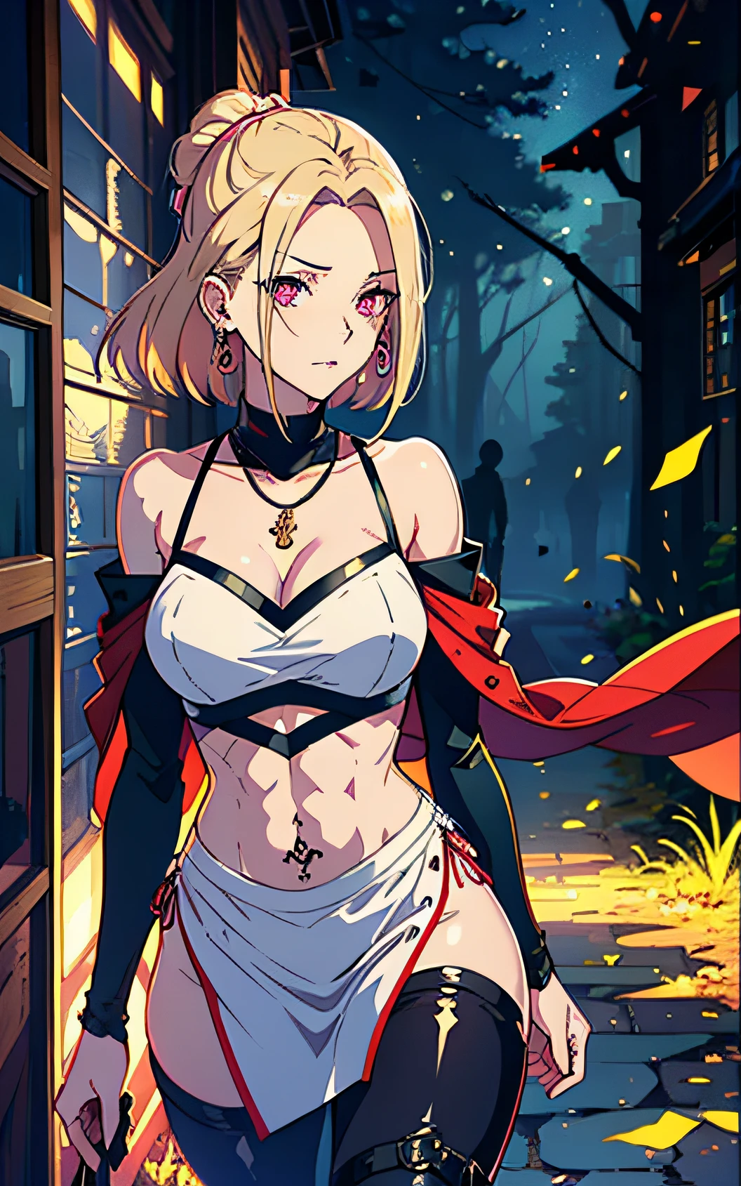 Anime girl in white dress with red cloak and sword, anime style like fate/Stay Night, Artorian Pendragon, edelgard fire emblem, blonde anime girl with long hair, edelgard from fire emblem, Detailed key anime art, official artwork, blonde - haired princess, a sexy maid in a magical forest, cushart krenz key art feminine, of the highest quality, masutepiece, Ultra high definition, (reality: 1.4), Original photo, 1girl in, Brown eyes, Off-shoulder, Cinematic lighting, Big, Dark eyeliner, Brown hair, Necklace, Piercing, Abs, Backshots, Back, of the highest quality, masutepiece, Ultra high definition, (reality: 1.4), Original photo, 1girl in, Brown eyes, Off-shoulder, Cinematic lighting, Big, Dark eyeliner, Brown hair, Wind, Necklace, Piercing, Bracelet, Abs, backshots, Back, Lori huge breasts cleavage，Shy face，Bob Head，Thin shirt，Didn't wear panties，Bare legged，Barefoot，Pink Theme，sitted，White skin of the，inside in room，Soft light，With pink hair，Pink eyes，thick thight，sexy for, （/（Castlevania/）styles：1.3），（1 persons，Futanari，hermaphroditism：1.5），（Thinness，being thin：1.3），（pale skin，Light gray skin tone：1.3），（short detailed hair，whaite hair：1.4），（Gray eye：1.3），（（Outfit in black，Blackn clothes），Leather costumes，Rouge costume，trouser，long boots：1.5），（Take a knife），Night sky on background/（Punky style），tmasterpiece，best qualtiy，ultra - detailed，inlay，depth of fields，hyper realisitc，poster for，Art styles， illustratio，Cinematic Light，Atmospheric shots，Attractive body proportions，High saturation images，Very sharp characters，many small details，detailed  iris of eyes，（Ruin background，detailedbackground，during night：1.2），（blood splashing，Knives：1），Ear studs，Tongue stud，nose studs，tattooed，Japanese Katana Sword