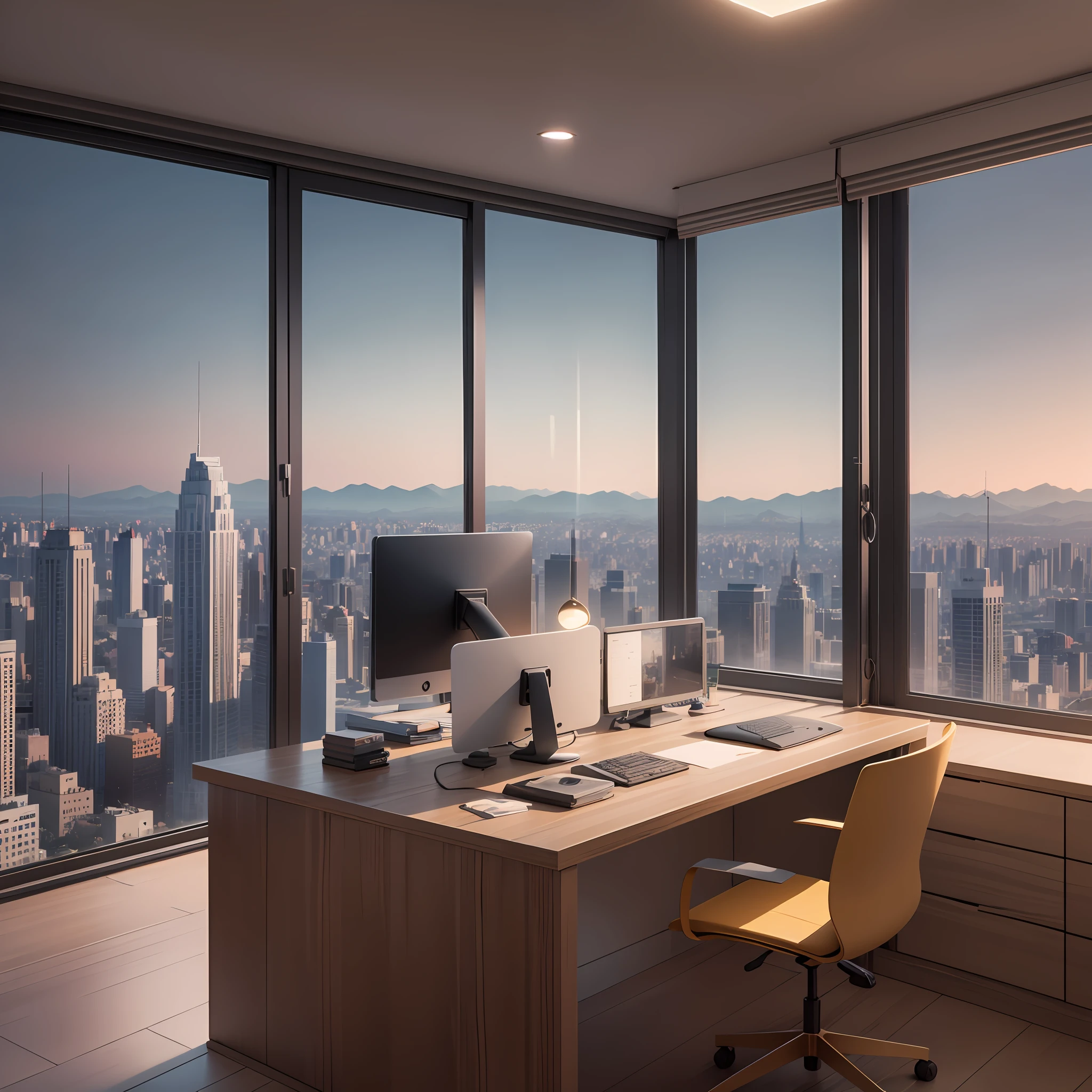 escritorio limpo, organizado, com janelas, vista para a cidade, ultra-realista, 8k, good ilumination --auto --s2