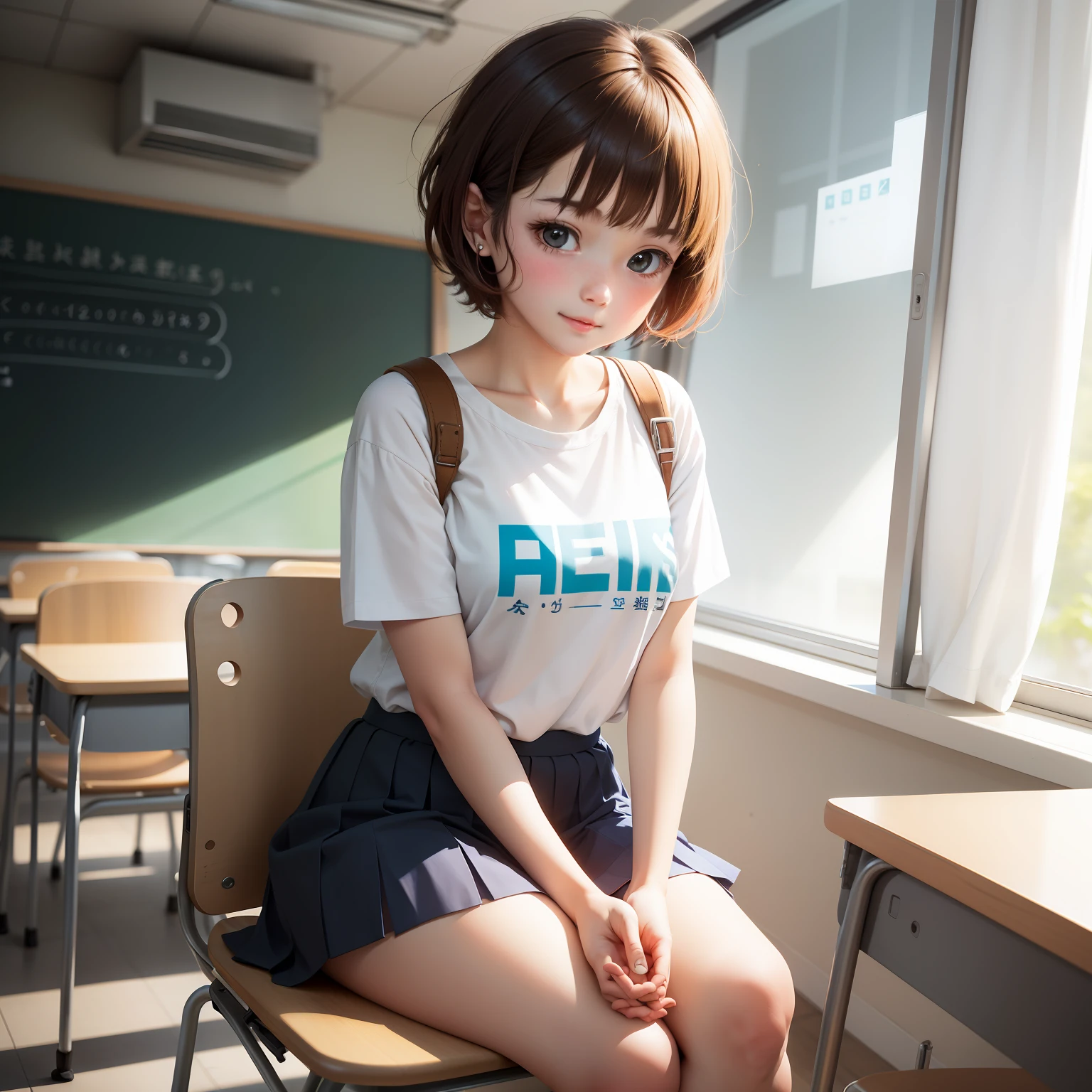 Cute girl(1.2)，Campus style(1.1)，Beth，Skirt，Medium and short hair，shairband，Shy，hands on waist，Sitting in classroom scene。