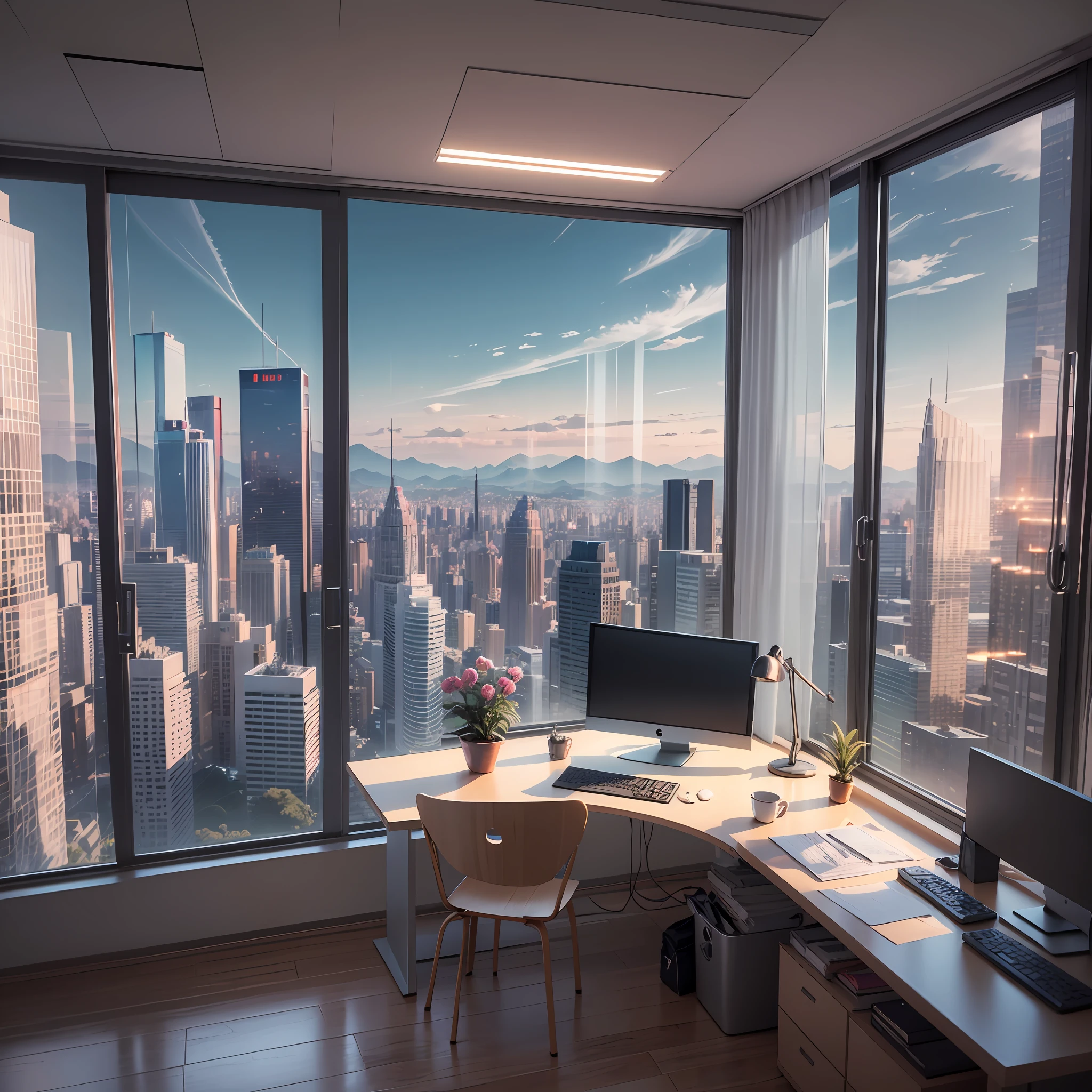 escritorio limpo, organizado, com janelas, vista para a cidade, ultra-realista, 8k, good ilumination --auto --s2